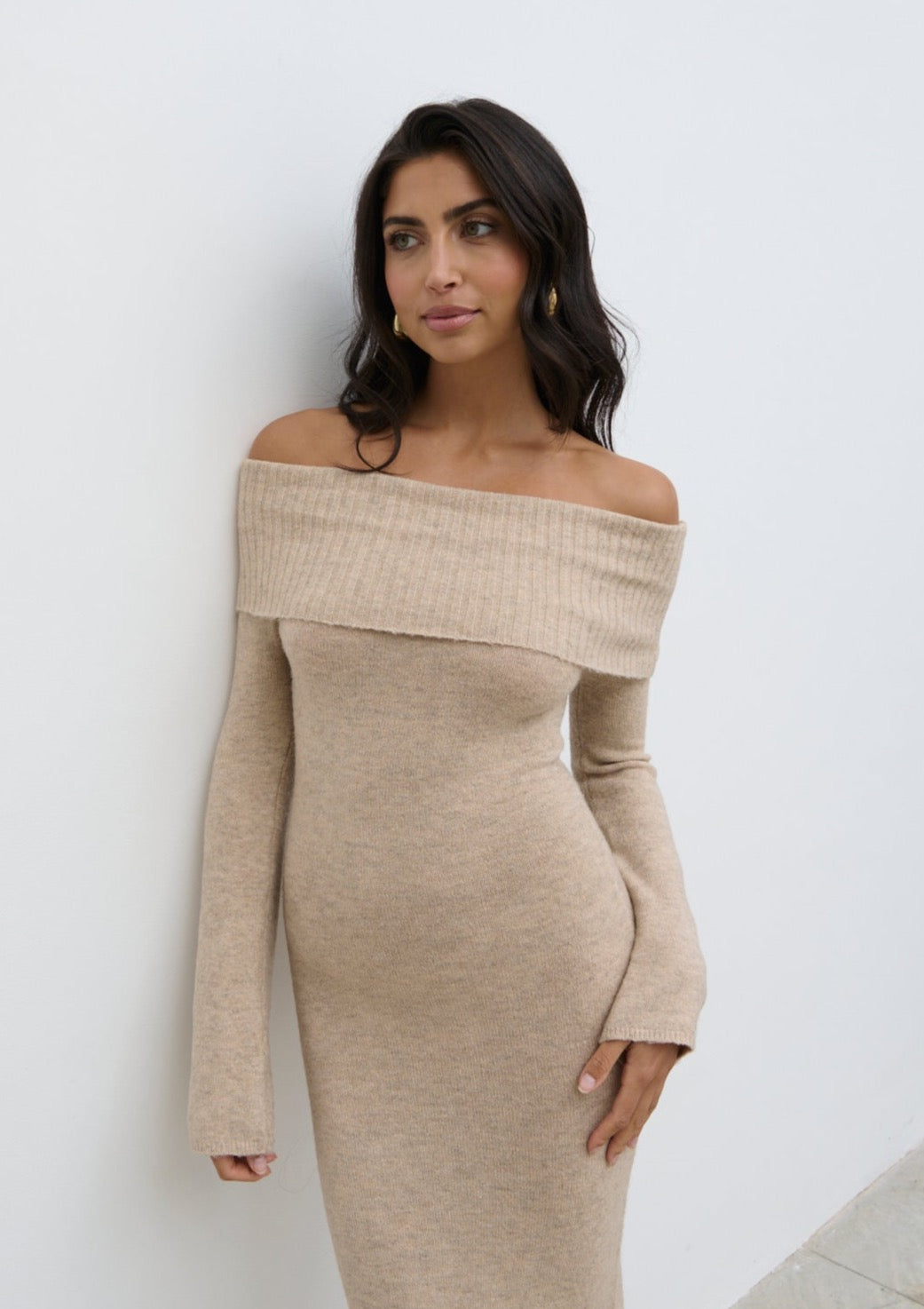 Soreya Bardot Soft Knit Dress - Beige Marl