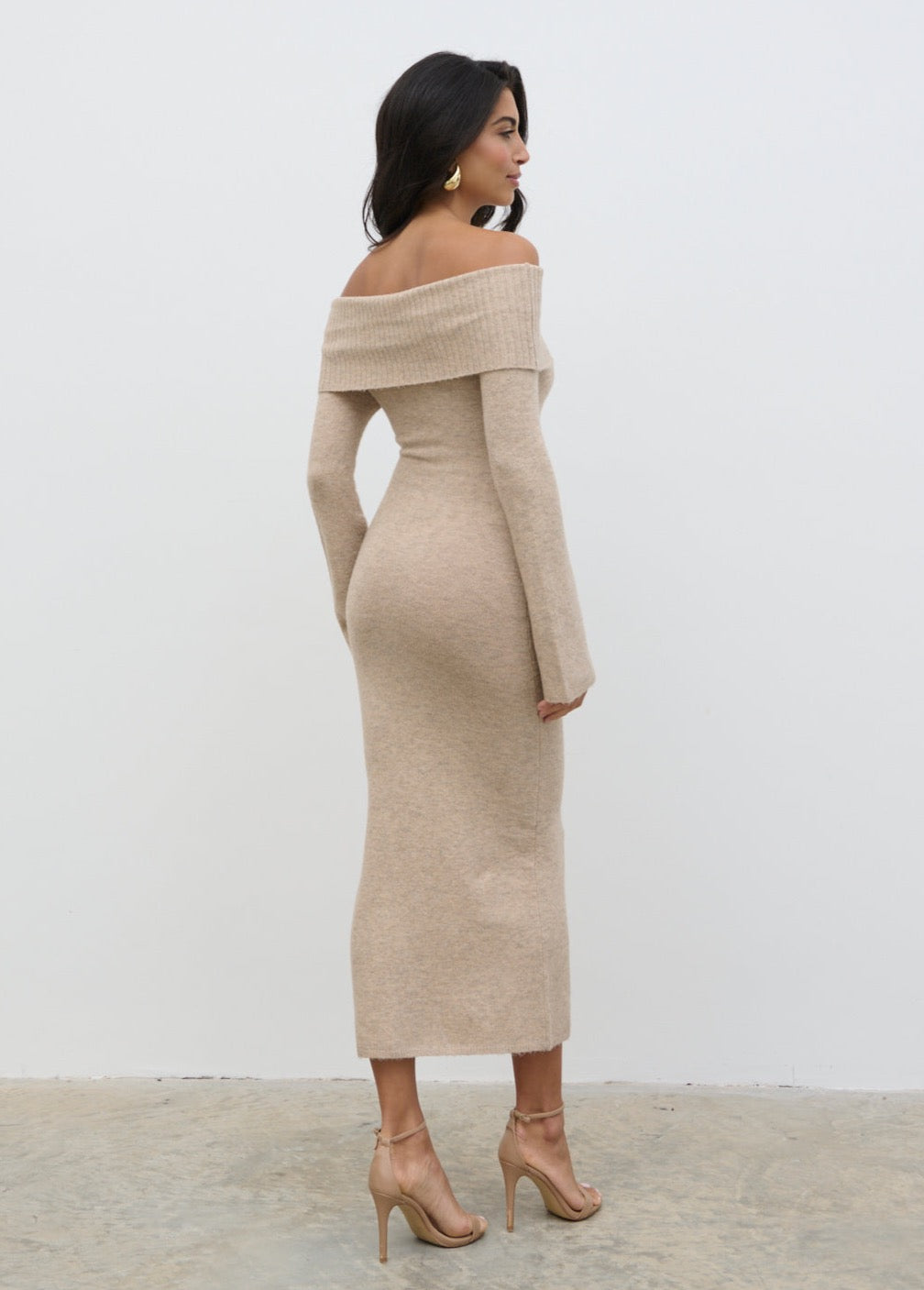 Soreya Bardot Soft Knit Dress - Beige Marl