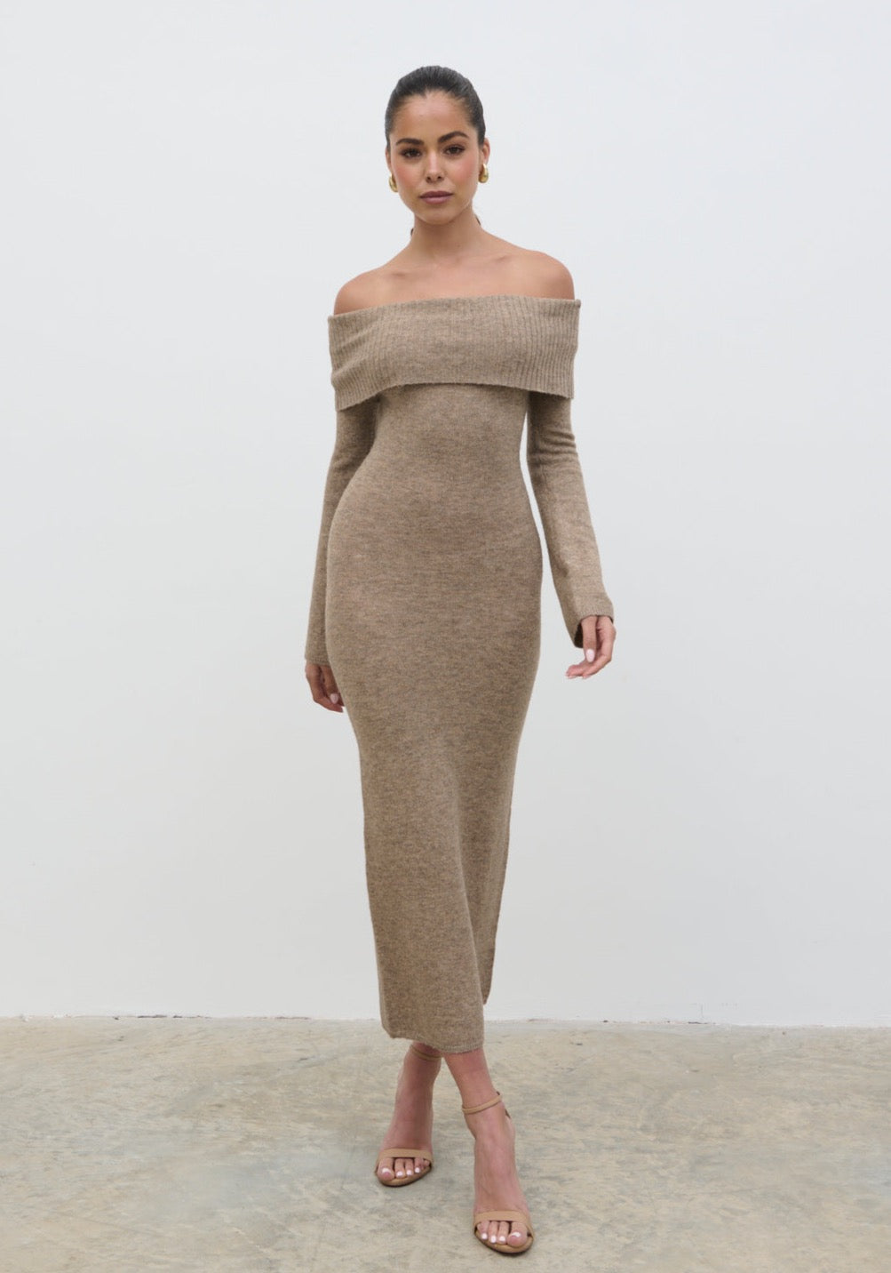 Soreya Bardot Soft Knit Dress - Brown Marl