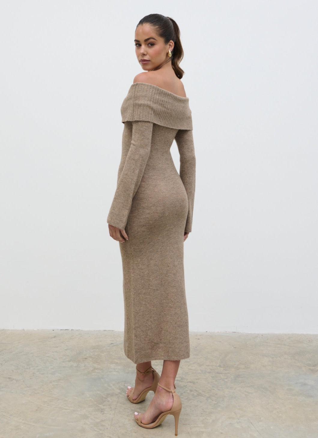 Soreya Bardot Soft Knit Dress - Brown Marl