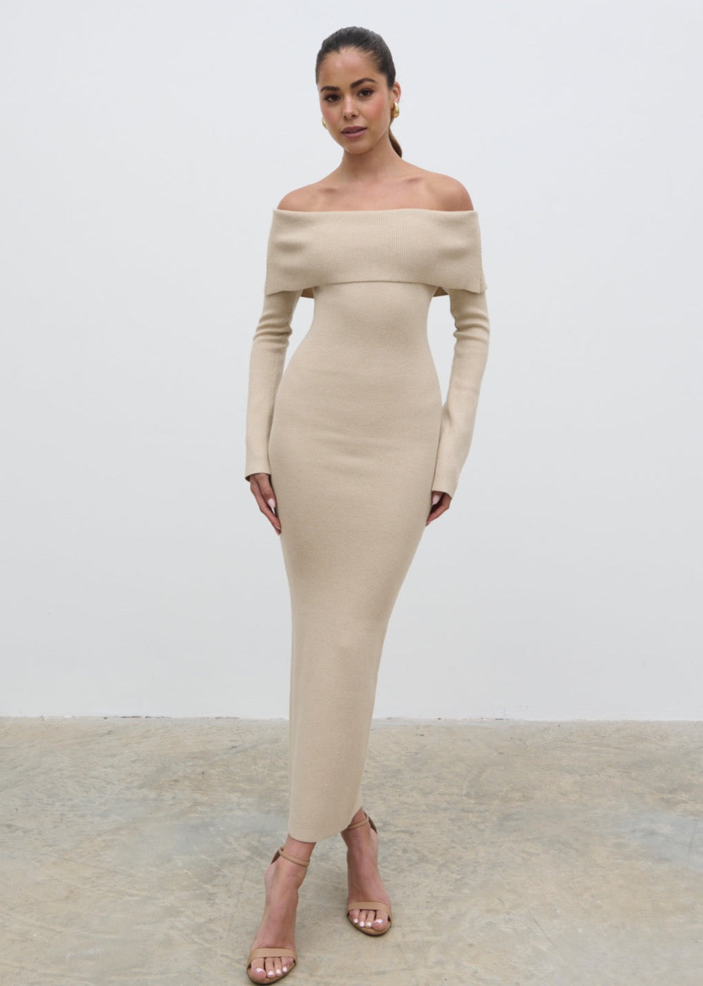 Robe en maille Bardot Soreya - Beige