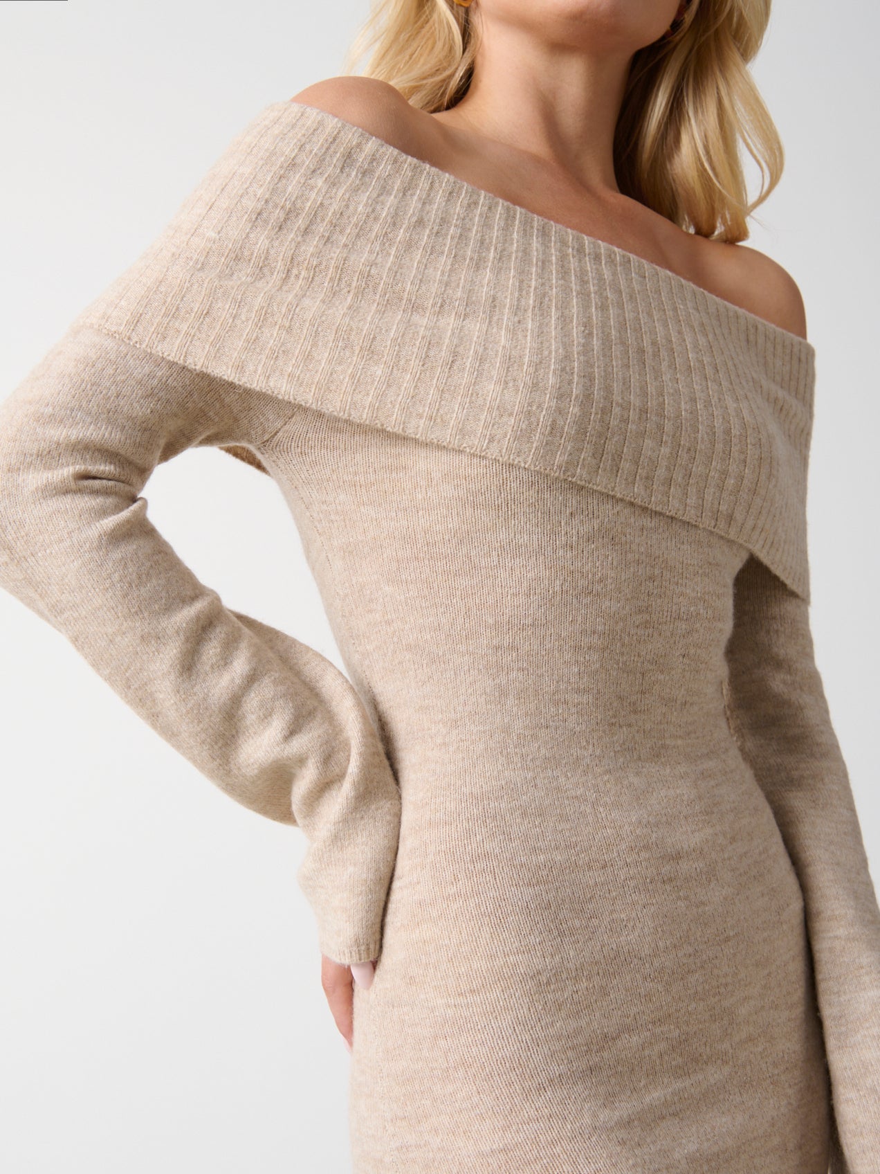Soreya Bardot Soft Knit Dress - Beige Marl – Pretty Lavish