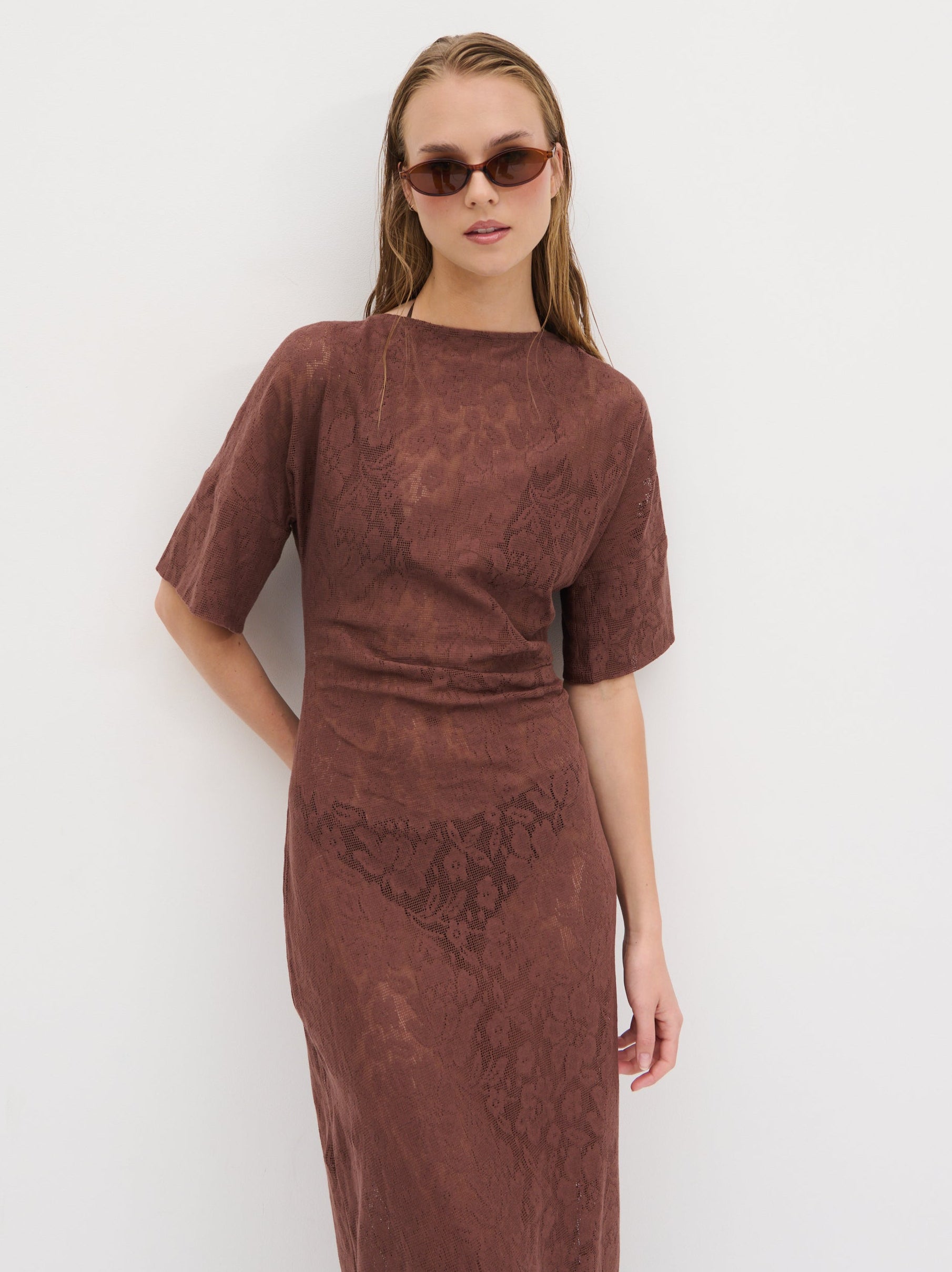 Suvi Crochet T-shirt Dress - Chocolate Brown Pretty Lavish Suvi Crochet T-shirt Dress - Chocolate Brown Pretty Lavish