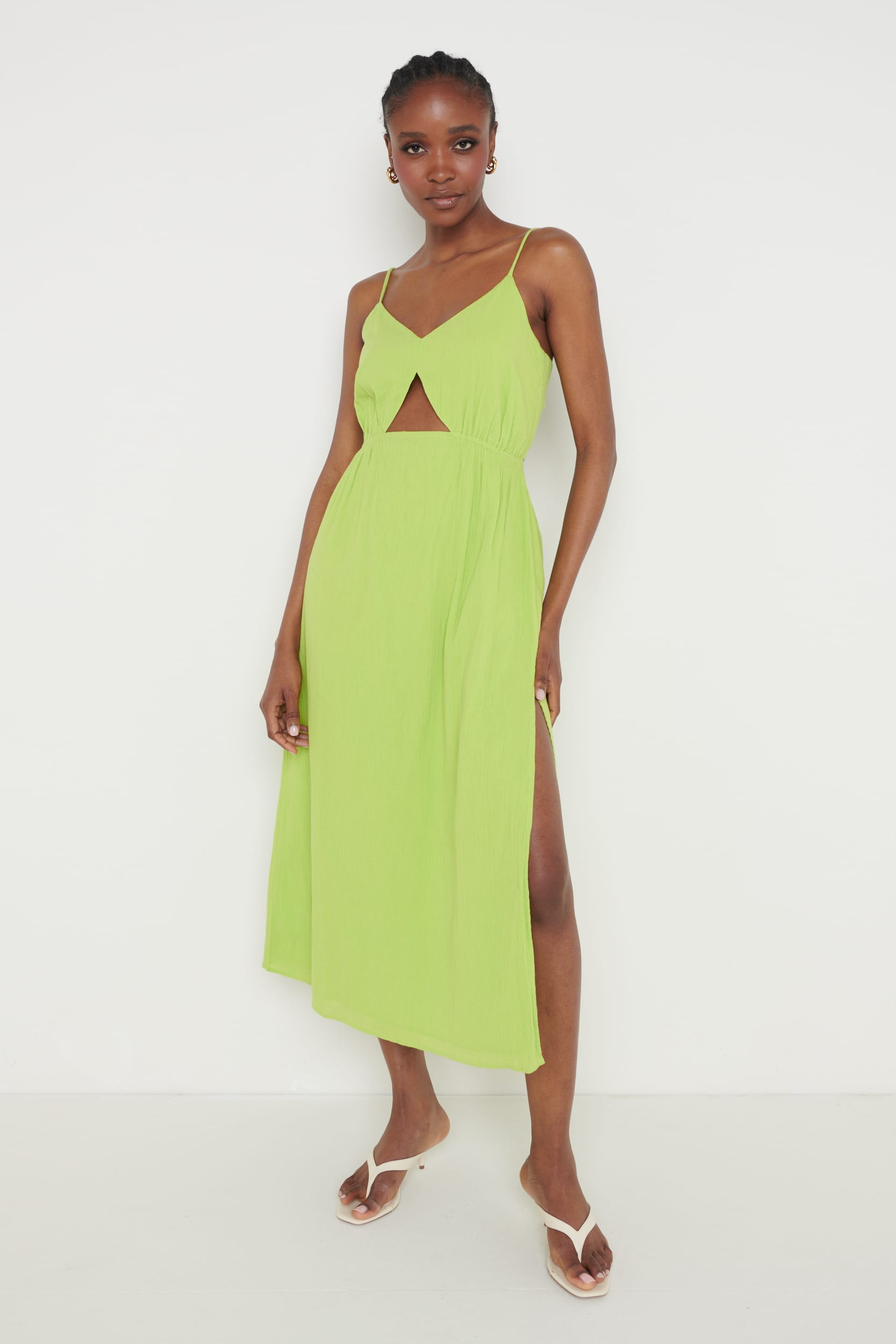cut out midaxi dress ASOS DESIGN satin knot detail cut-out midaxi dress in green