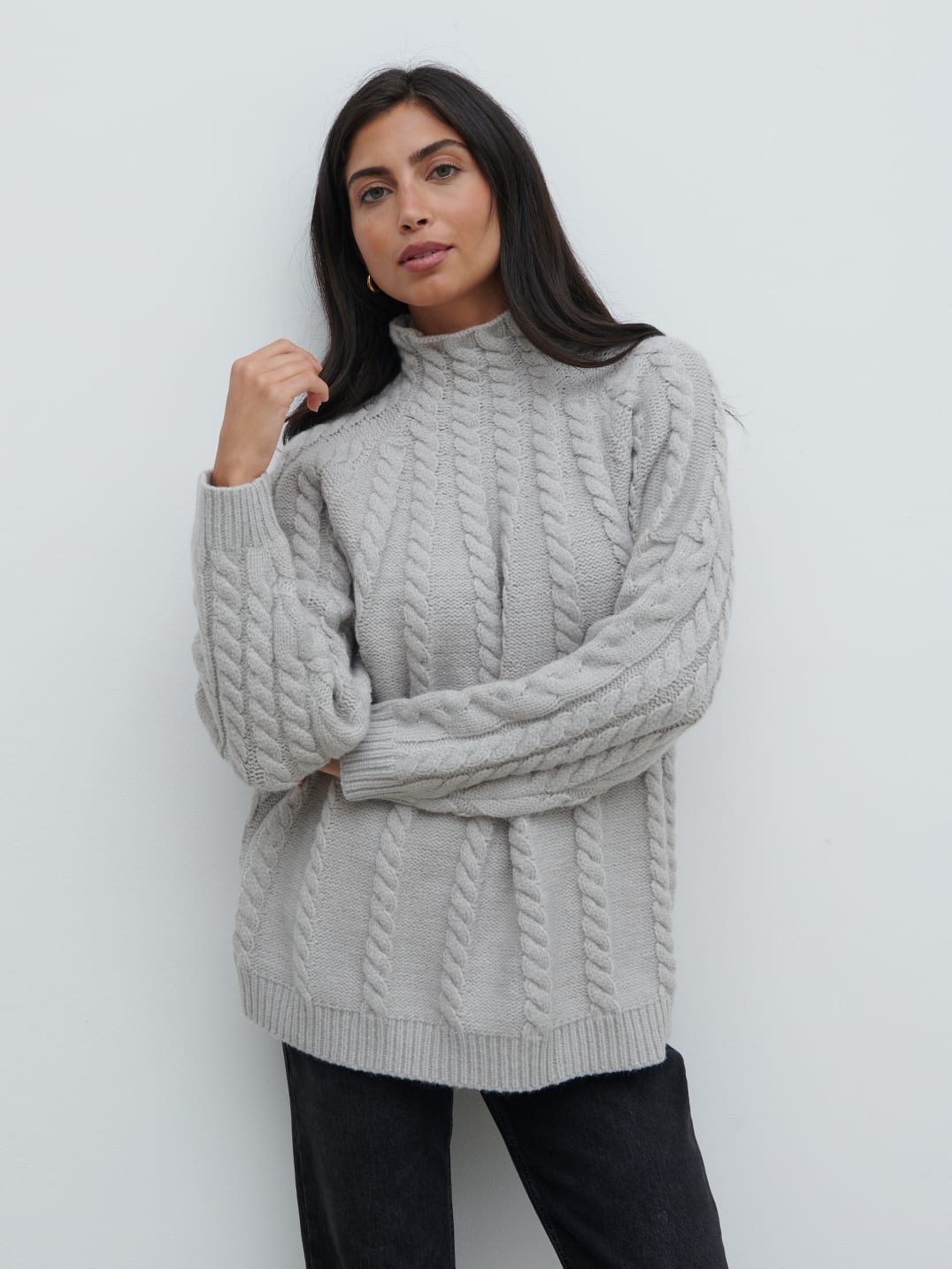 Tam Cable Knit High Neck Jumper Grey