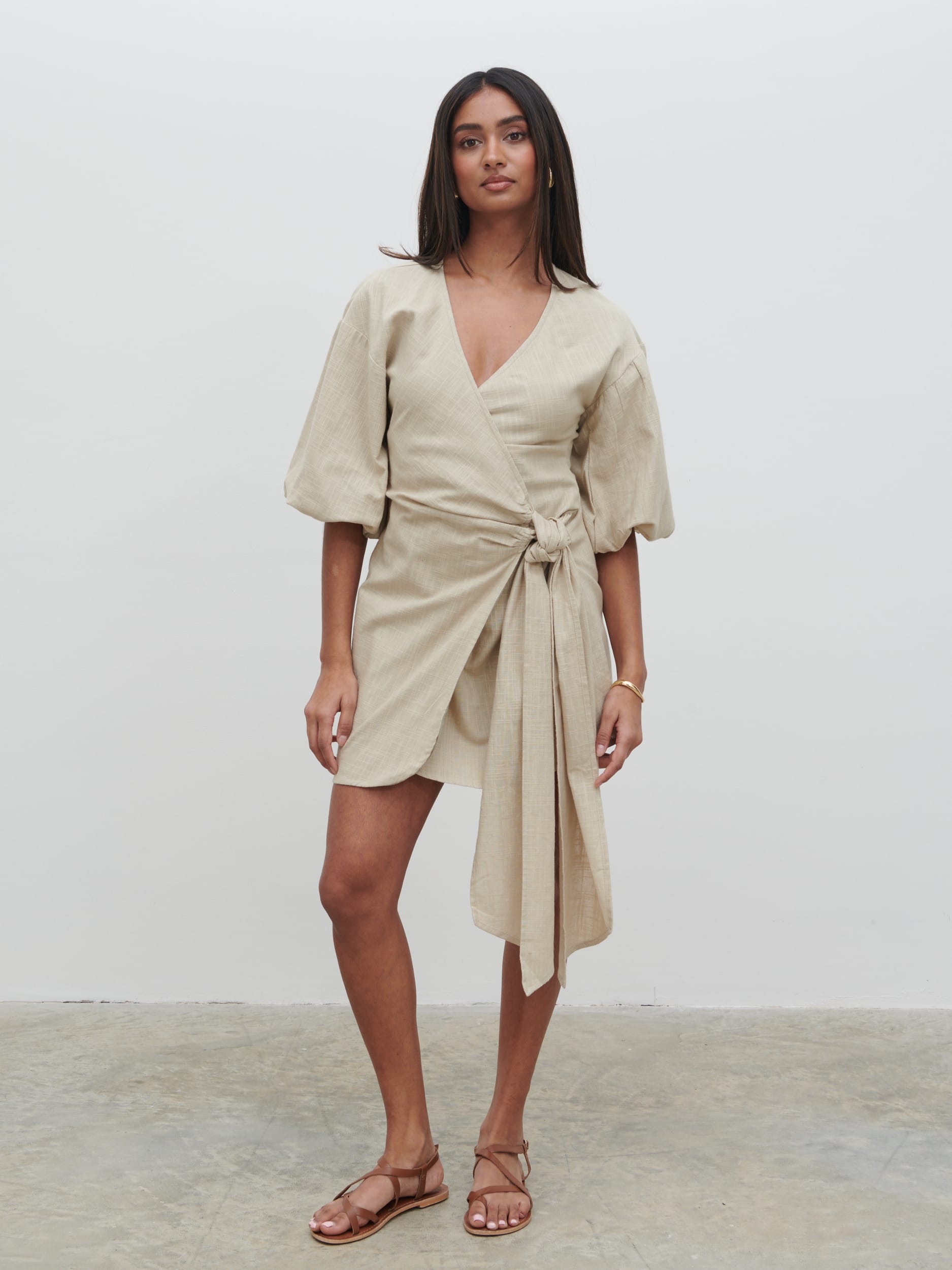 & other stories puff sleeve linen wrap mini dress Linen Blend Puff Sleeve Linen Wrap Mini Dress Other Stories Linen Wrap Front Mini Dress With