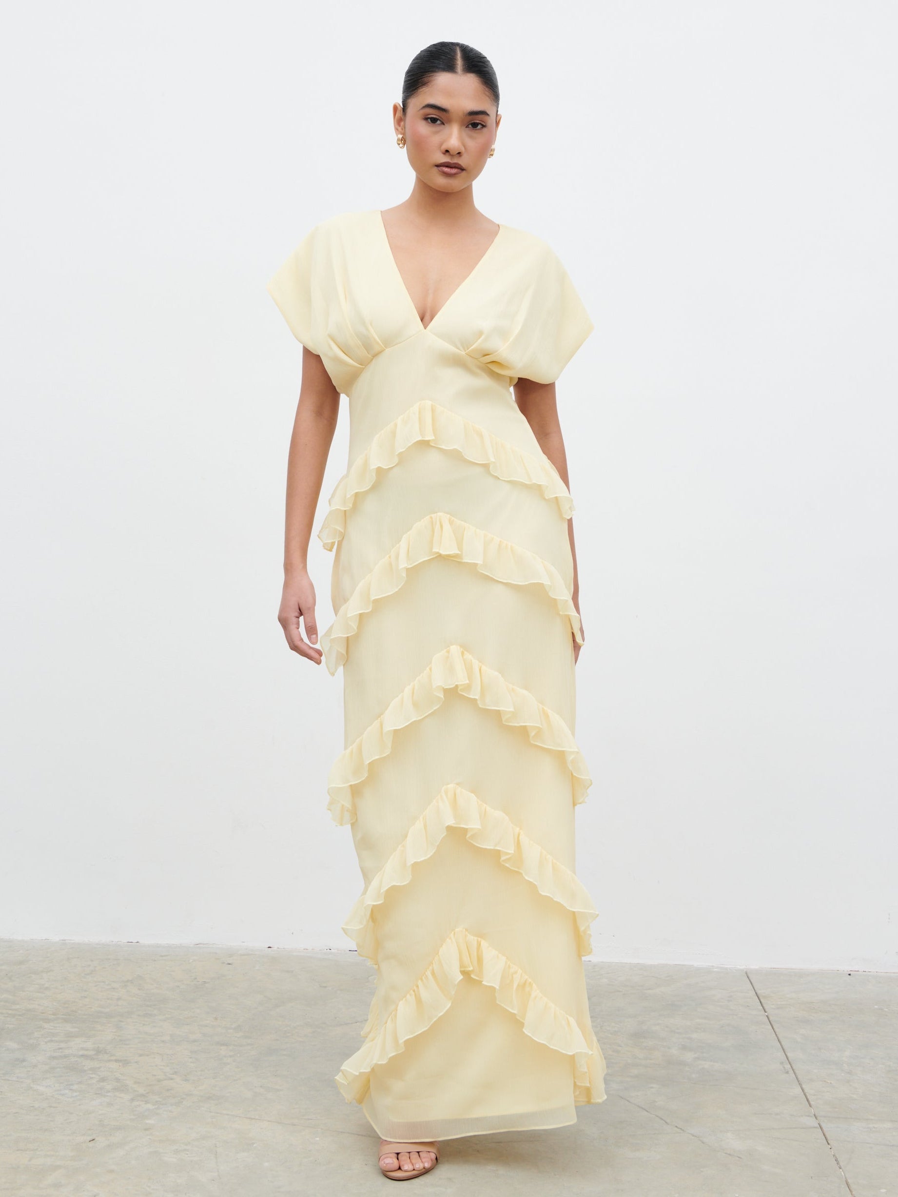 Tamsin Ruffle Chiffon Maxi Dress - Lemon Pretty Lavish Tamsin Ruffle Chiffon Maxi Dress - Lemon Pretty Lavish