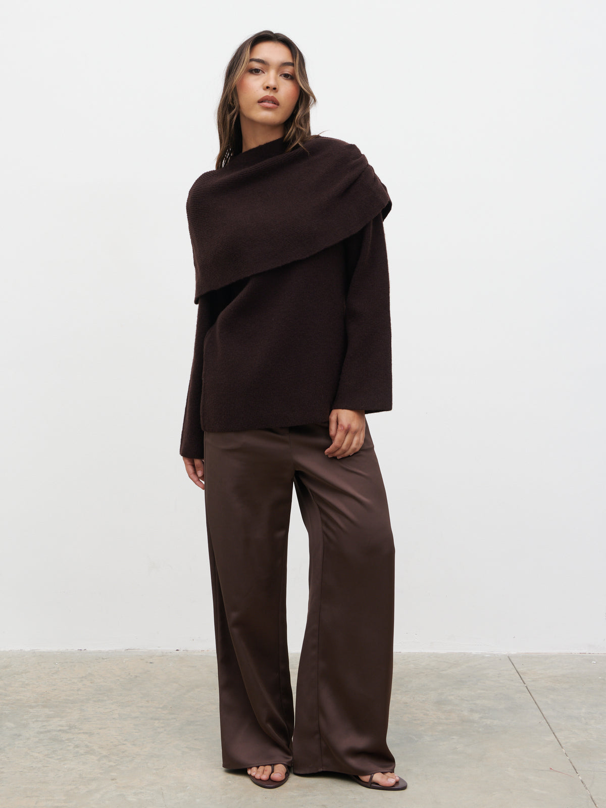 Tarla Exaggerated Drape Knit Jumper Chocolate