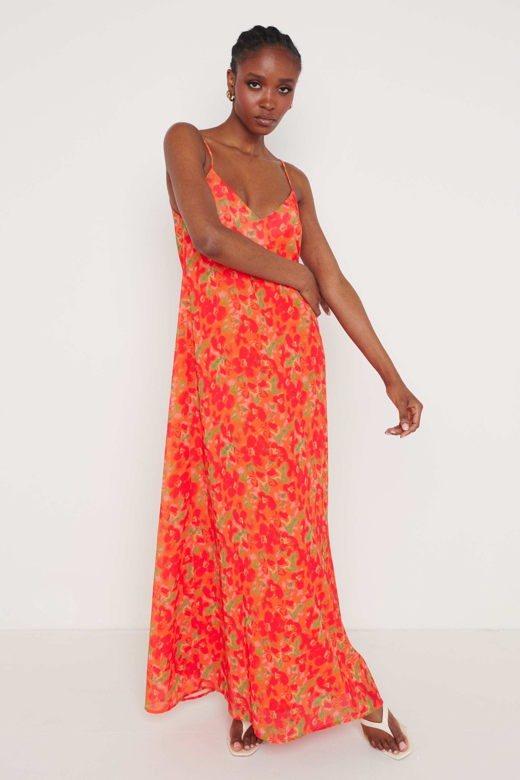 Tiana Trapeze Maxi Dress - Red and Orange Floral
