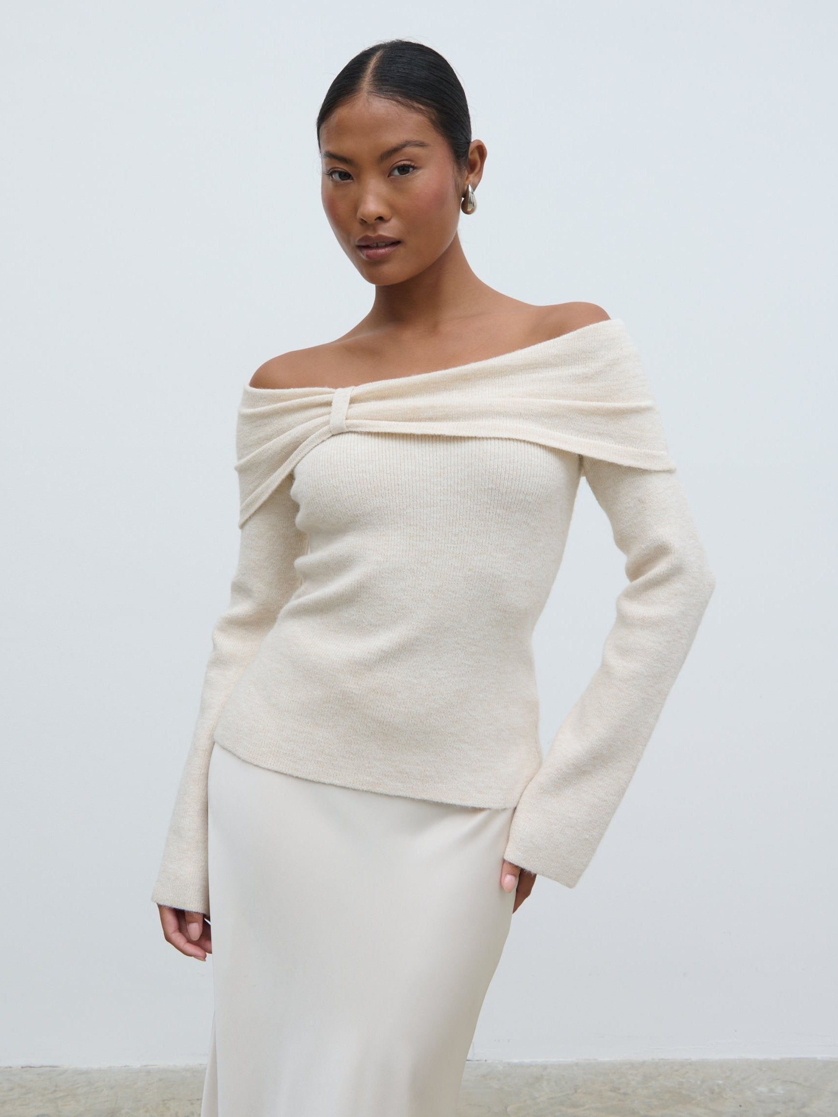 Tilda Bardot Bow Knit Top - Beige