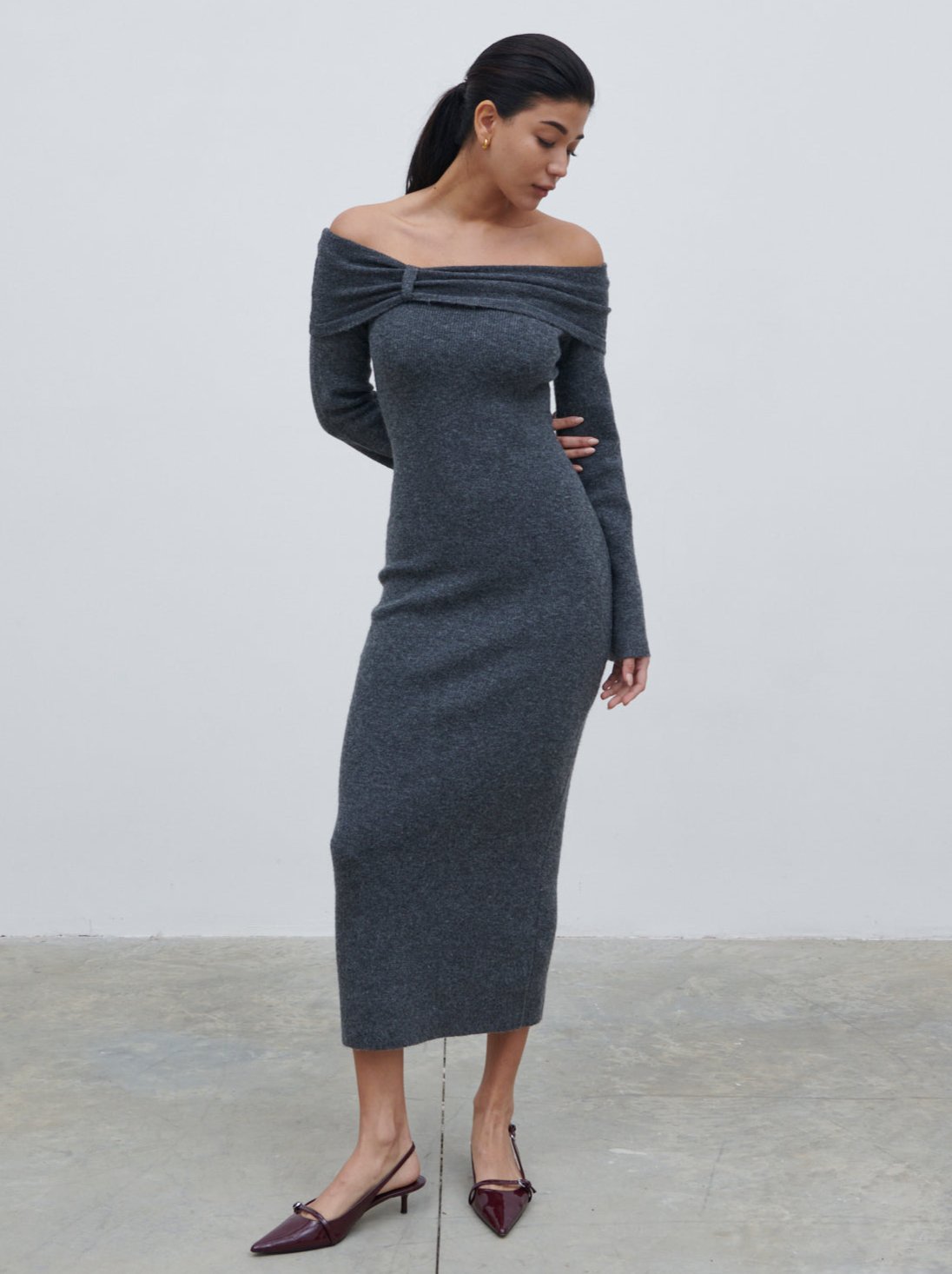 Tilda Bow Bardot Knit Midaxi Dress - Charcoal