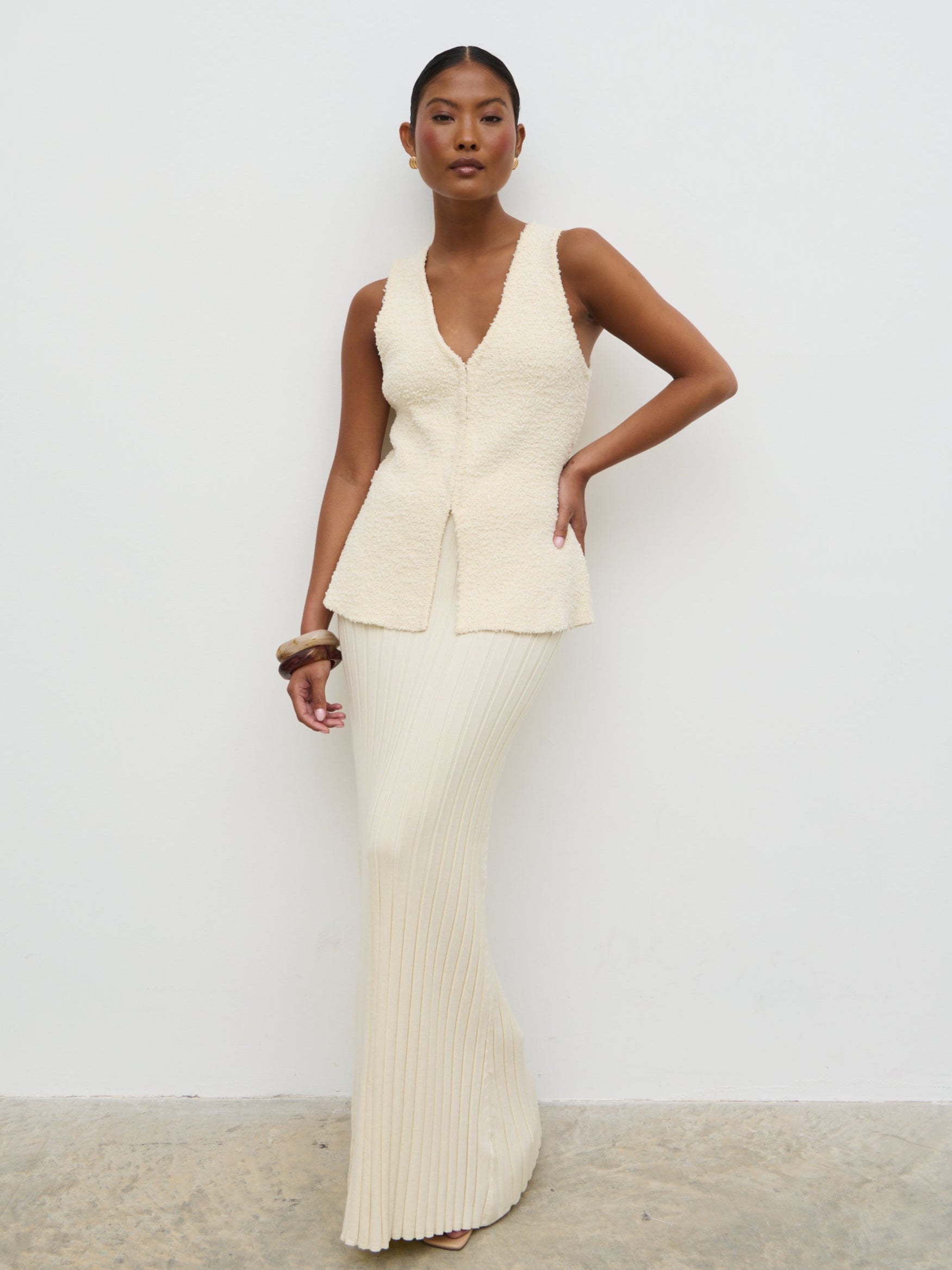 Alma Pleated Knit Maxi Skirt Cream