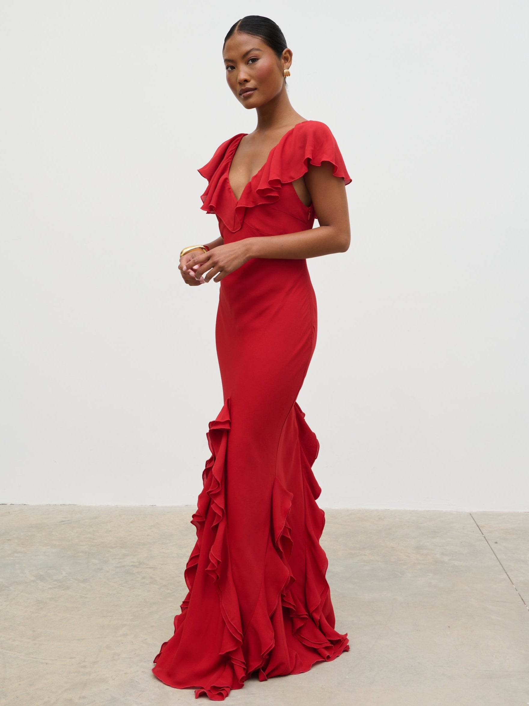 Uma Cap Sleeve Ruffle Maxi Dress Red – Pretty Lavish