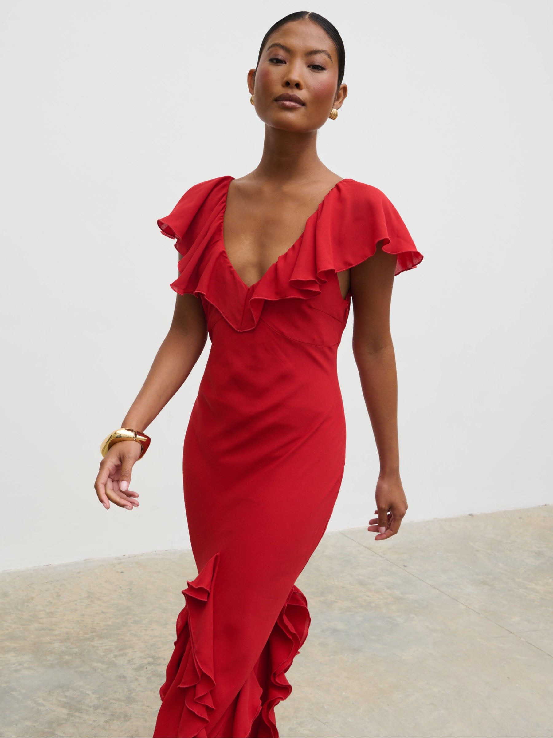 Uma Cap Sleeve Ruffle Maxi Dress - Red Pretty Lavish Uma Cap Sleeve Ruffle Maxi Dress - Red Pretty Lavish