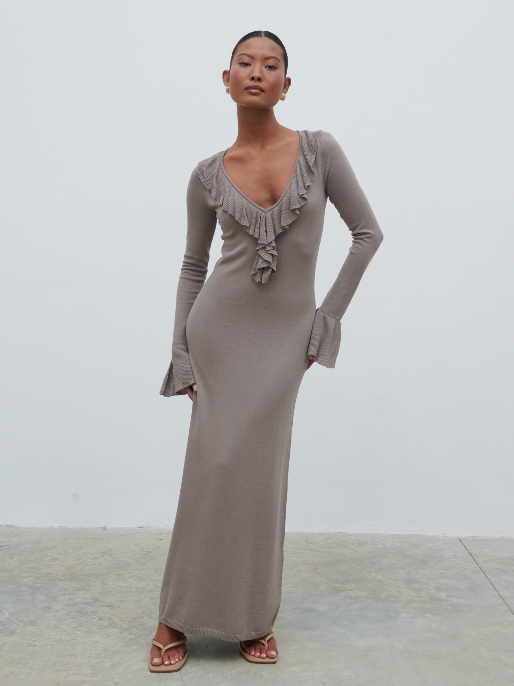 Vera Ruffle Front Knit Midaxi Dress - Stone Pretty Lavish Vera Ruffle Front Knit Midaxi Dress - Stone Pretty Lavish