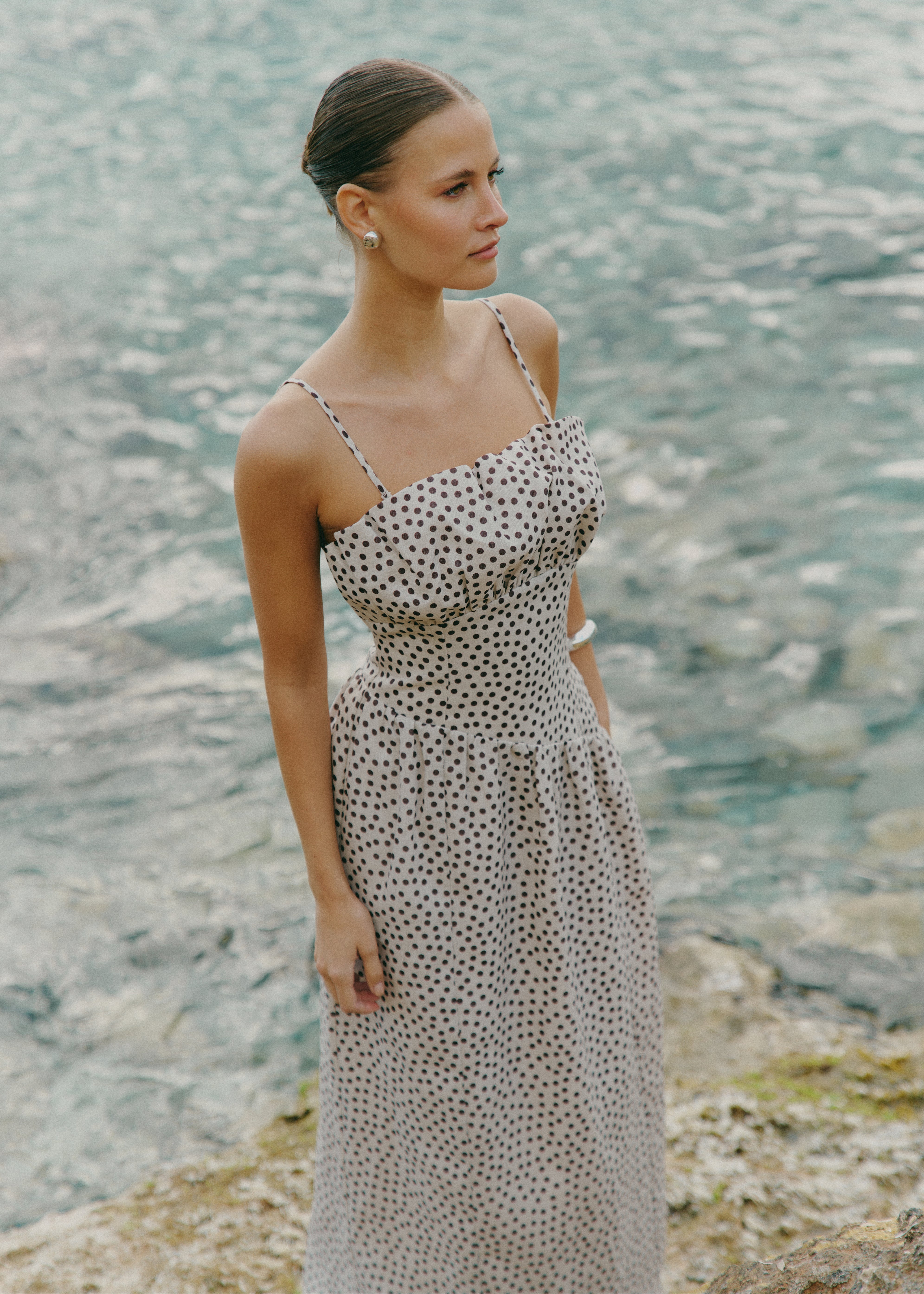 Zaria Corset Detail Maxi Dress - Cream and Brown Polkadot Pretty Lavish Zaria Corset Detail Maxi Dress - Cream and Brown Polkadot Pretty Lavish