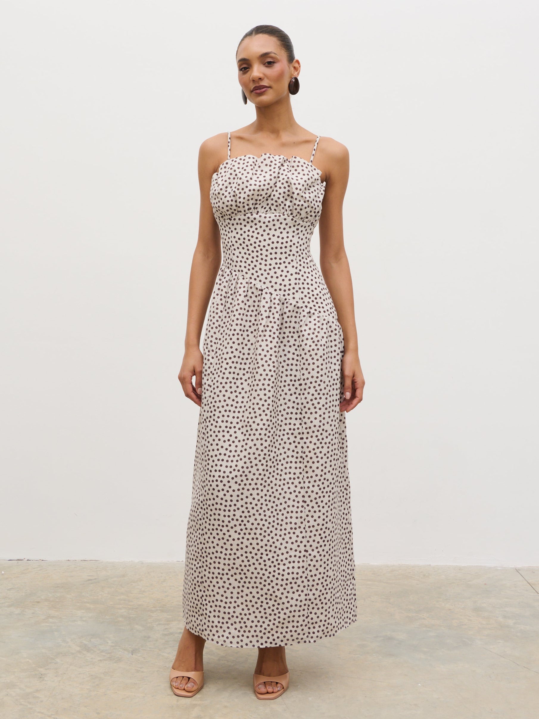 Zaria Corset Detail Maxi Dress - Cream and Brown Polkadot Zaria Corset Detail Maxi Dress - Cream and Brown Polkadot