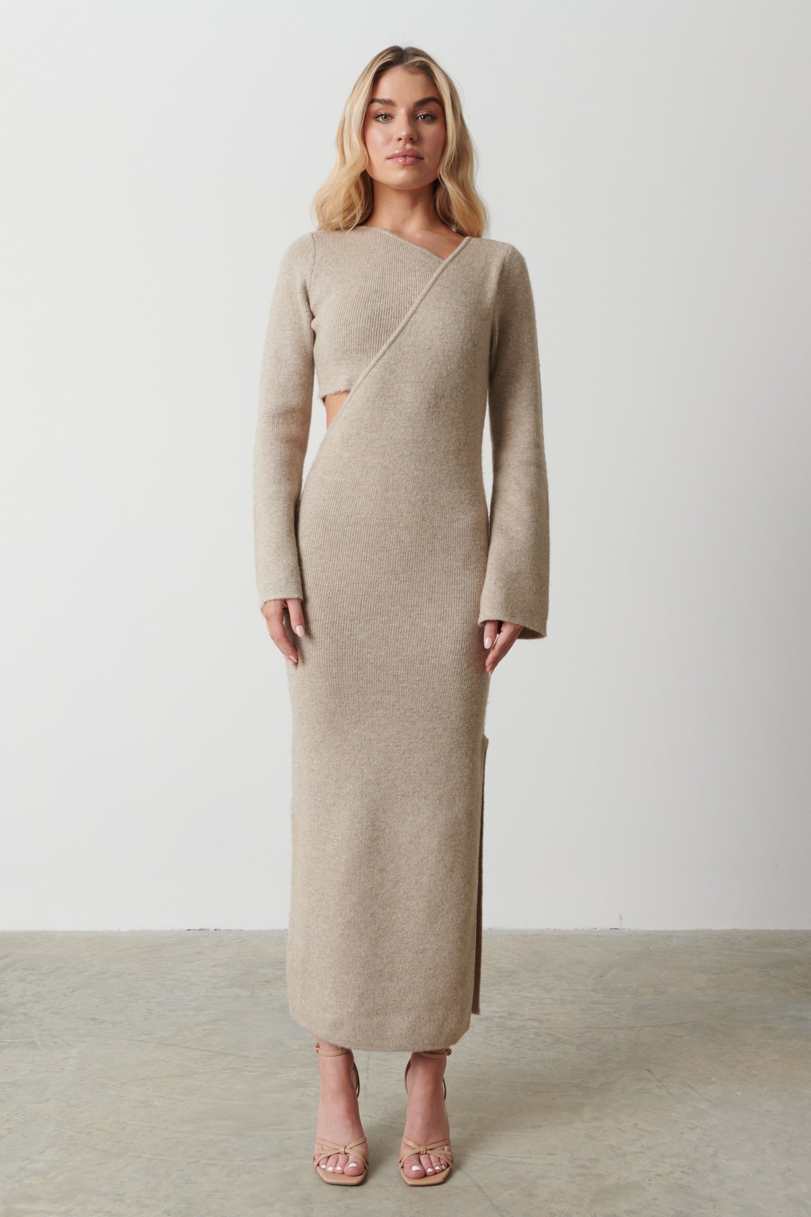beige midaxi dress MANGO - Checked Dress with draped neckline Ecru