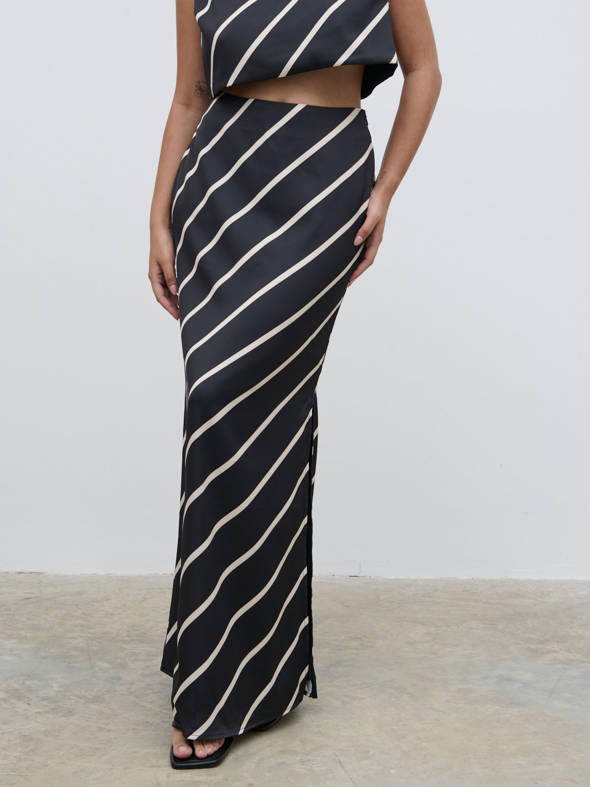 Zuri Maxi Skirt - Black and Cream Asymmetric Stripe