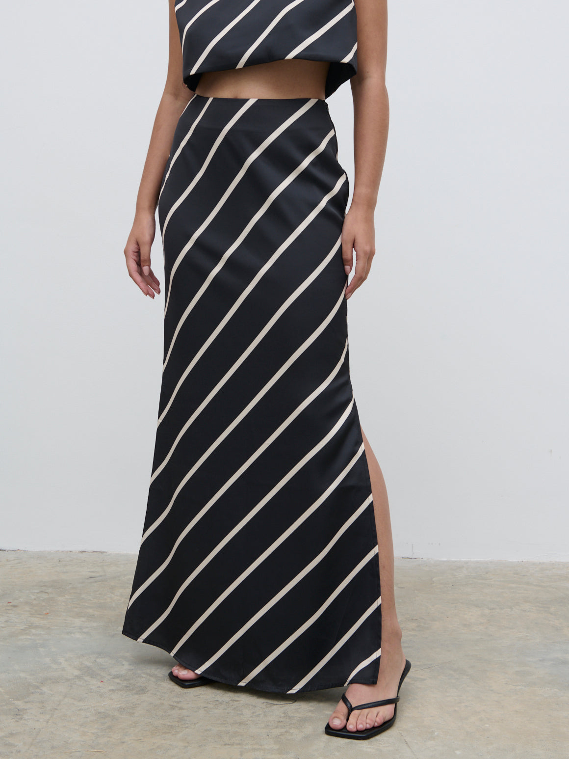 Zuri Maxi Skirt - Black and Cream Asymmetric Stripe