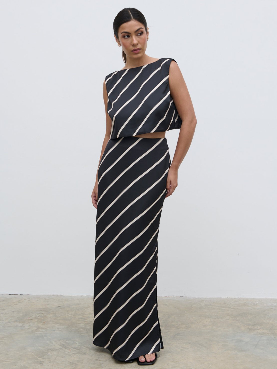 Zuri Maxi Skirt - Black and Cream Asymmetric Stripe