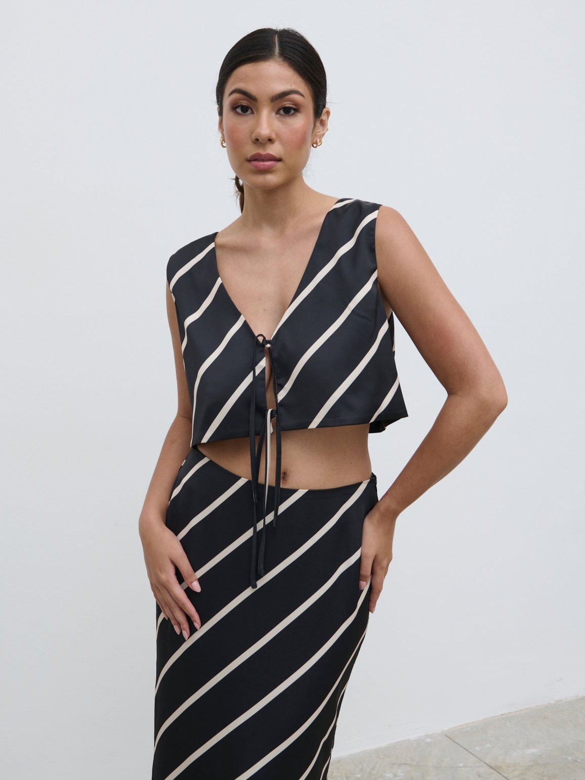 Zuri Tied Striped Top - Black and Cream Asymmetric Stripe