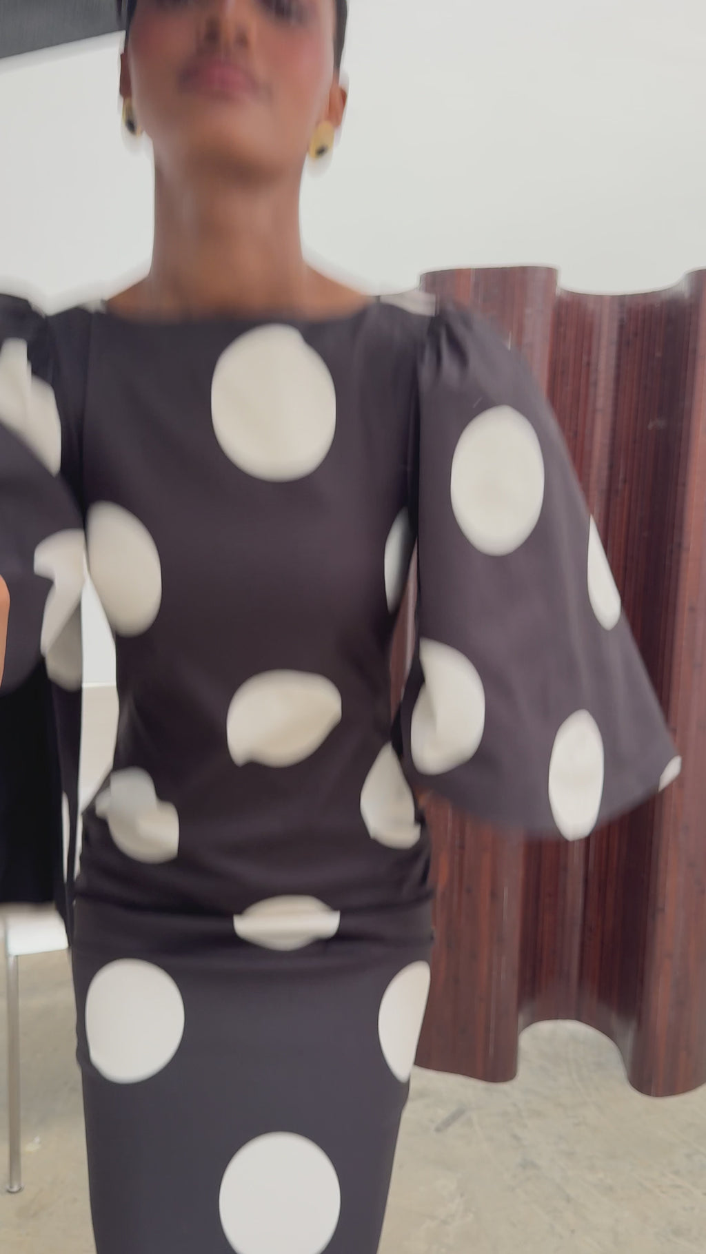 Montanna is 5'7" & Wears Size UK 6|Liora A-Line Midaxi Dress - Black and Cream Polkadot