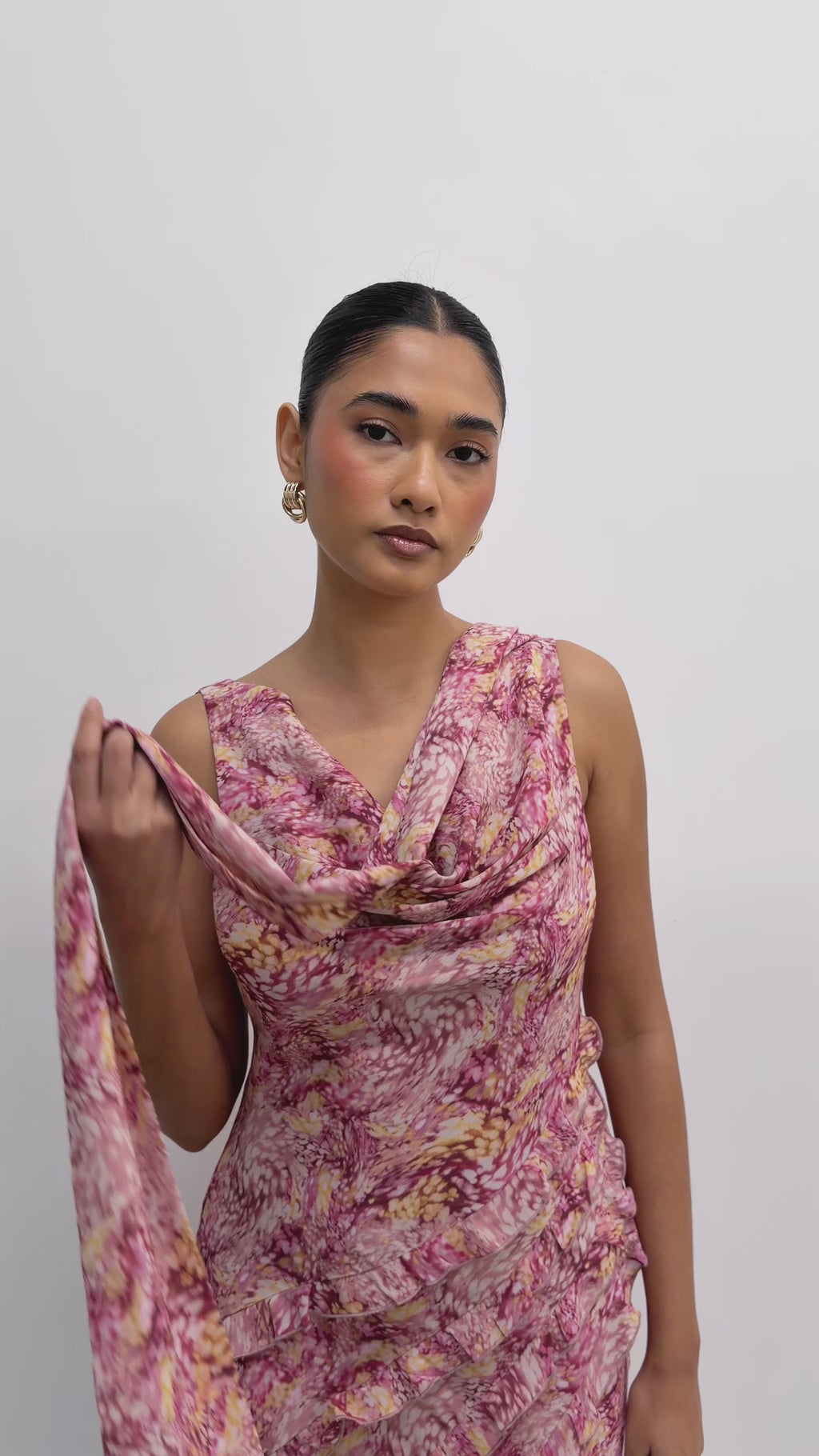 Candy Is 5'6" & Wears Size UK 8|Constance Scarf Ruffle Maxi Dress - Berry Multi Abstract