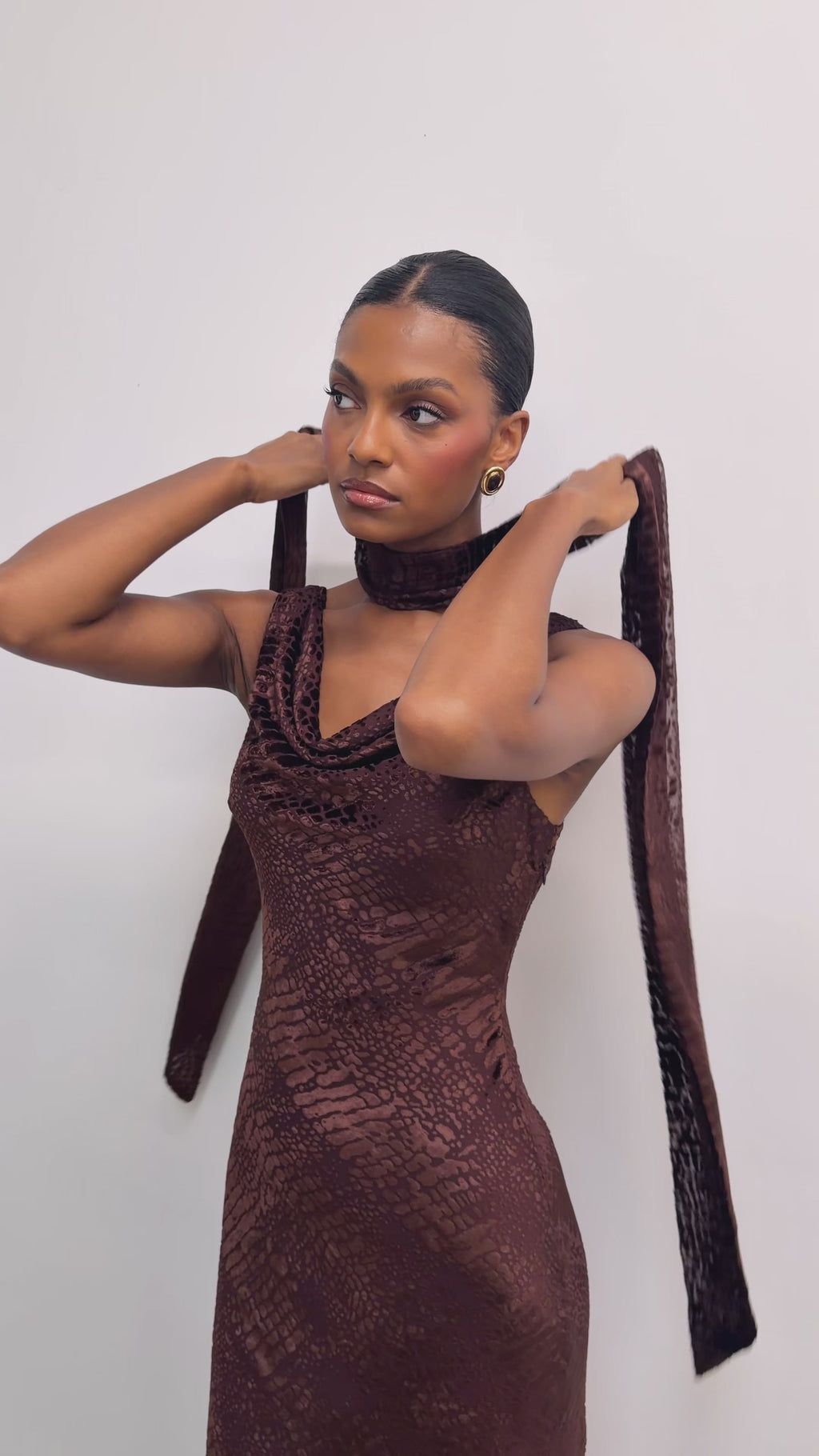 Montanna is 5'7" & Wears Size UK 6|Ainsley Cowl Devore Neck Maxi Slip - Brown