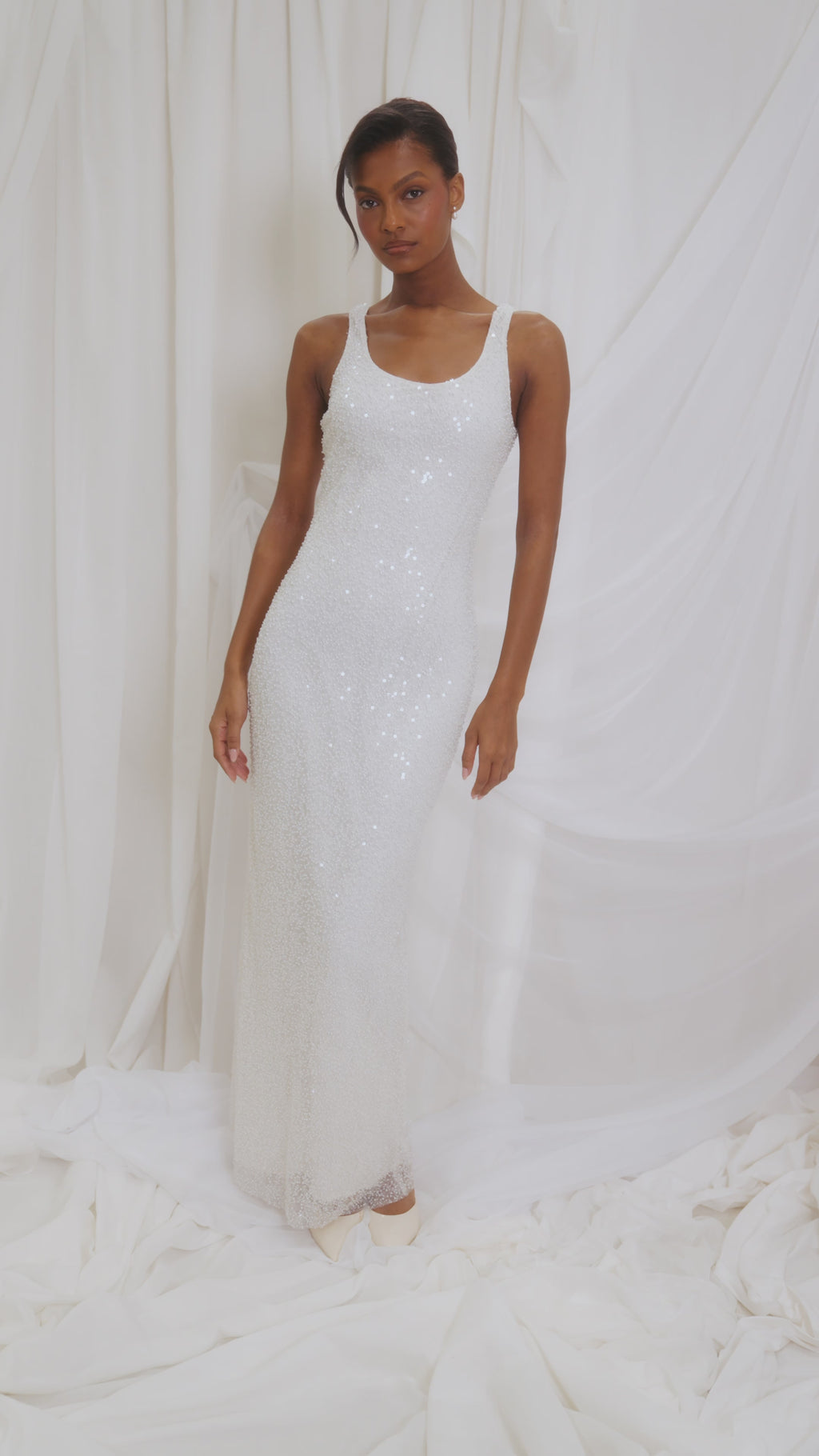 Veronica is 5'8" & Wears Size UK 6|Palma Embellished Scoop Neck Maxi Dress - Ivory