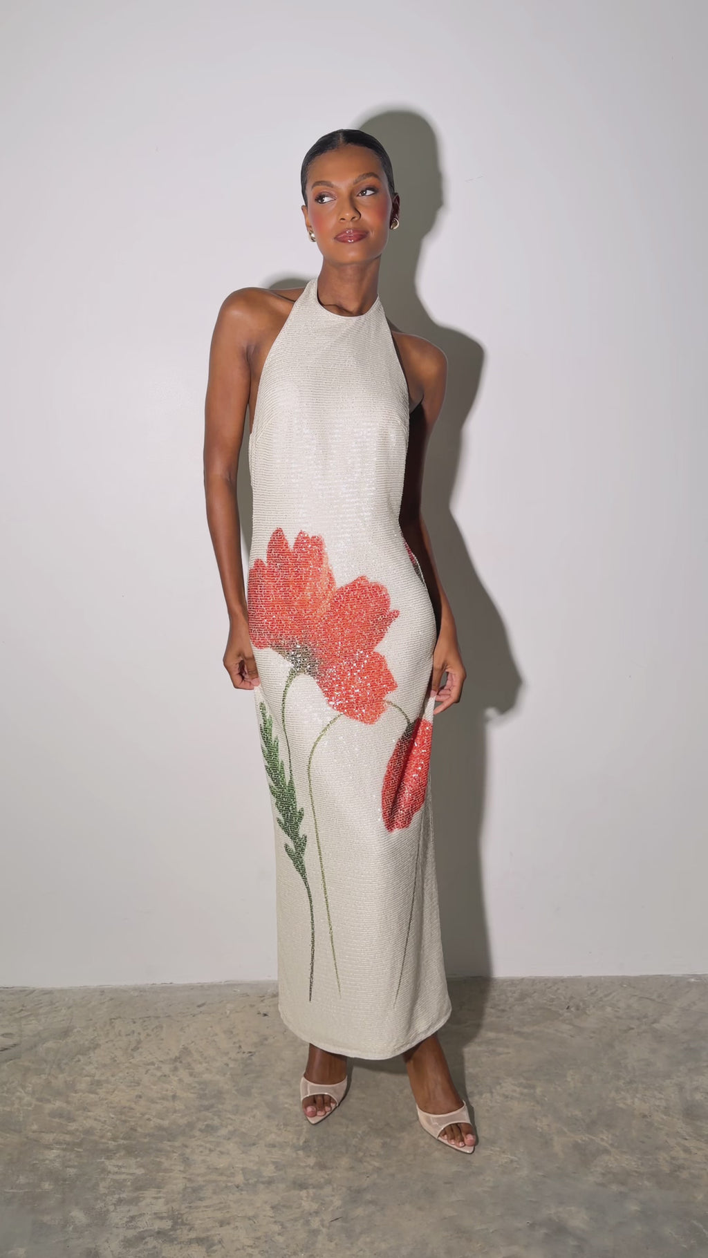 Montanna is 5'7" & Wears Size UK 6|Alora Racer Sequin Maxi Dress - Largescale Poppy Petal Red