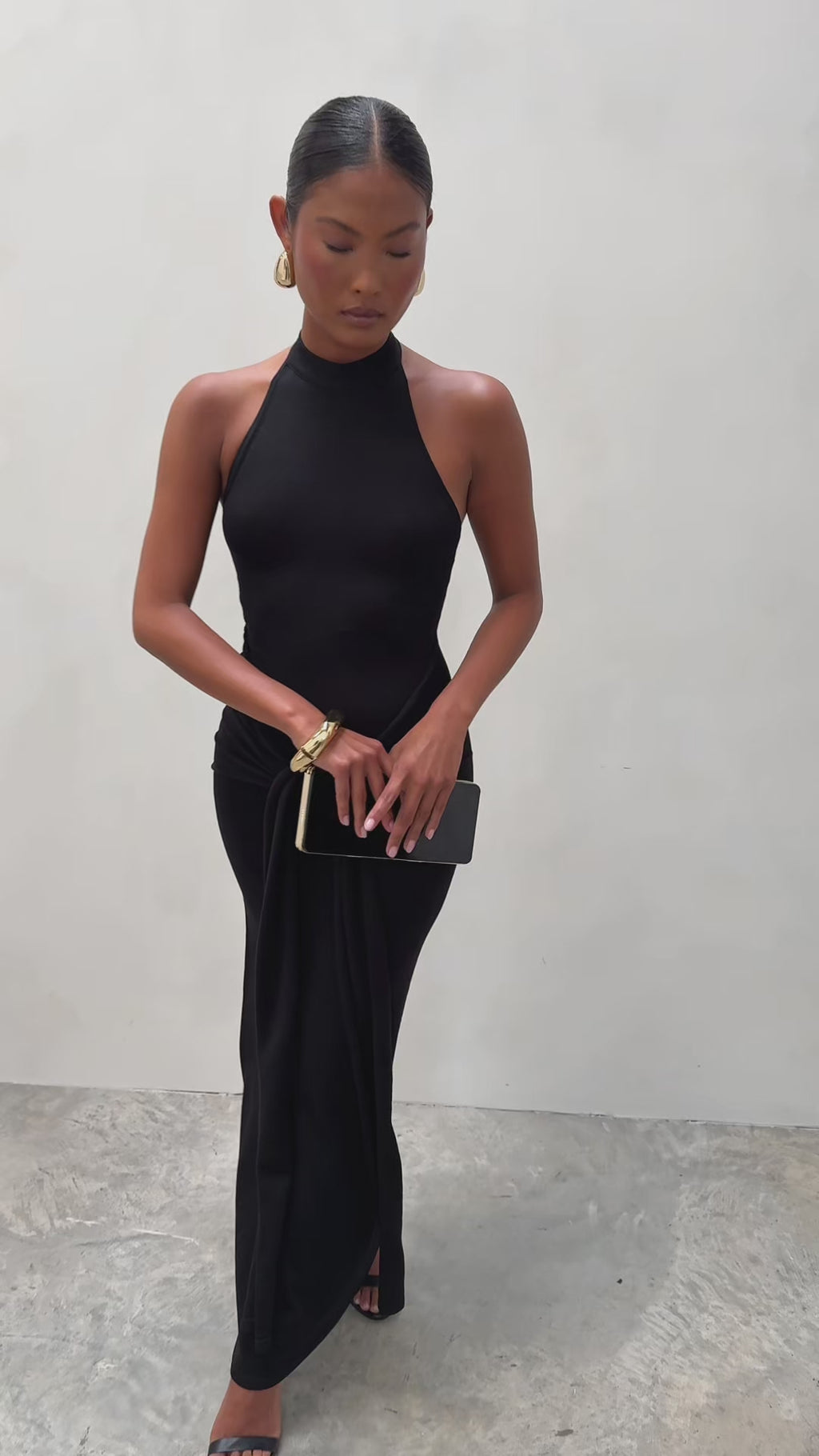 Elle Is 5'3" & Wears Size UK XS|Bernelle Halterneck Tie Waist Knit Midaxi Dress - Black