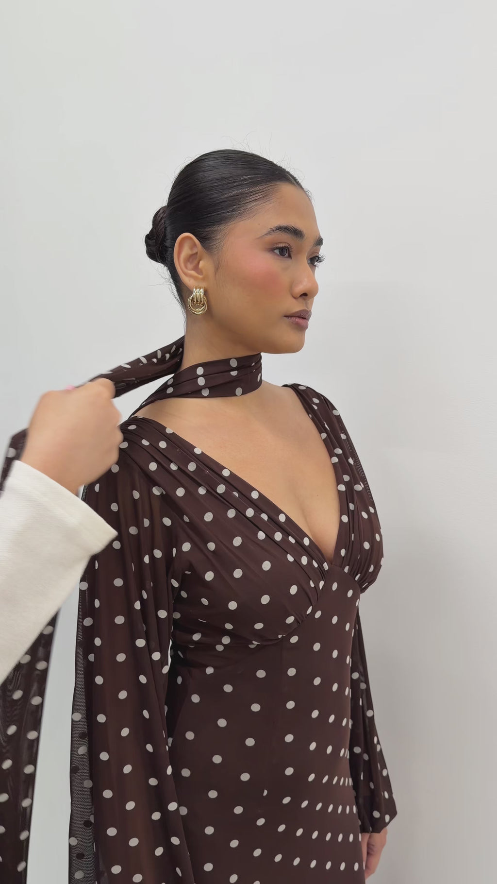 Candy Is 5'6" & Wears Size UK 8|Petula Scarf Mesh Maxi Dress - Brown and Cream Polkadot