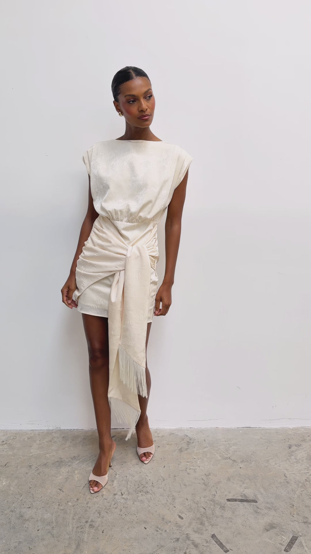 Montanna is 5'7" & Wears Size UK 6|Hattie Jacquard Mini Fringed Dress - Cream