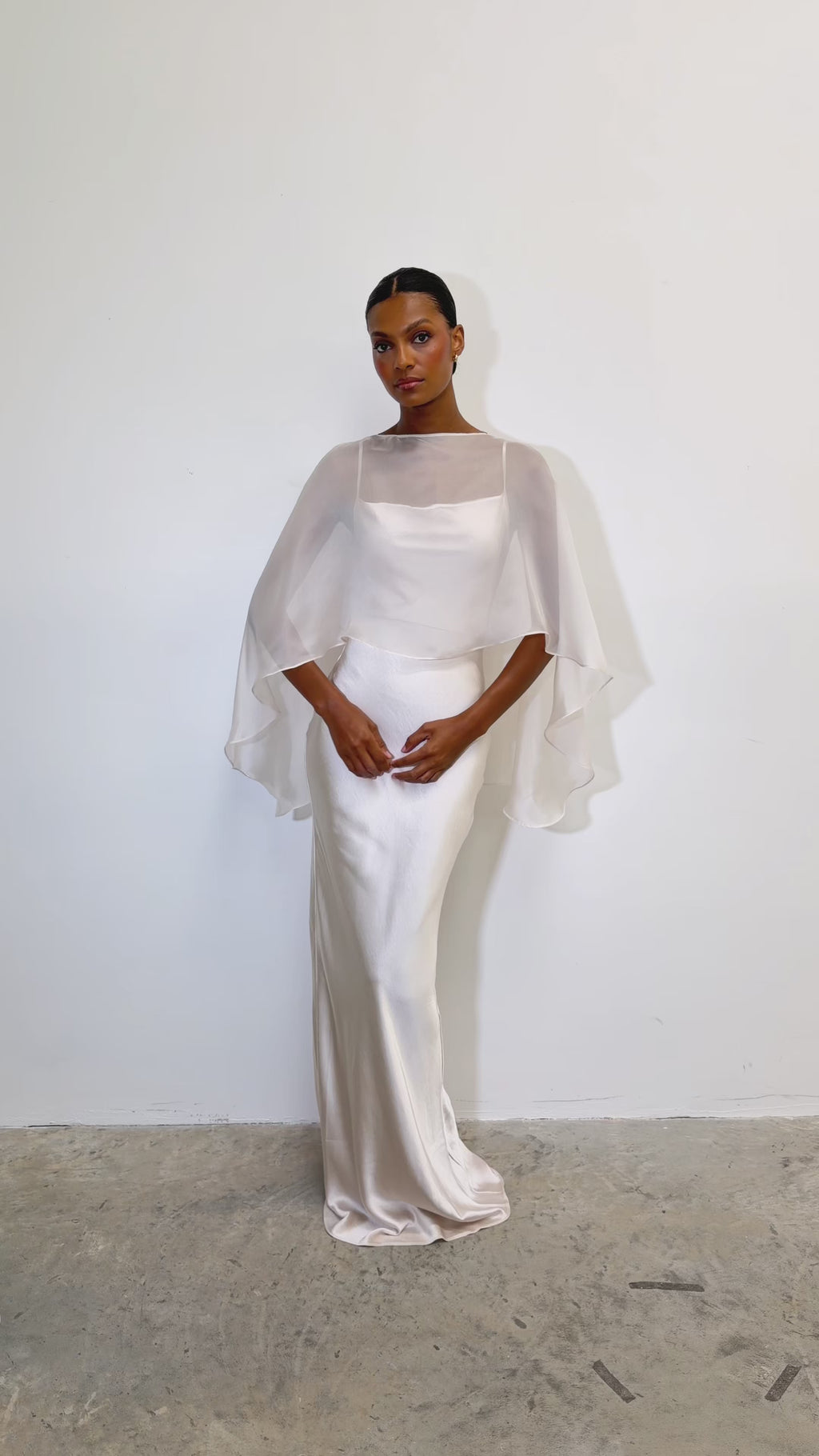 Montanna is 5'7" & Wears Size UK XS-S|Alaia Organza Cape - Champagne