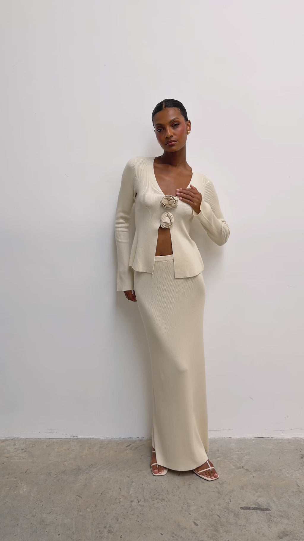 Montanna is 5'7" & Wears Size UK XS|Clemmie Knit Top - Stone
