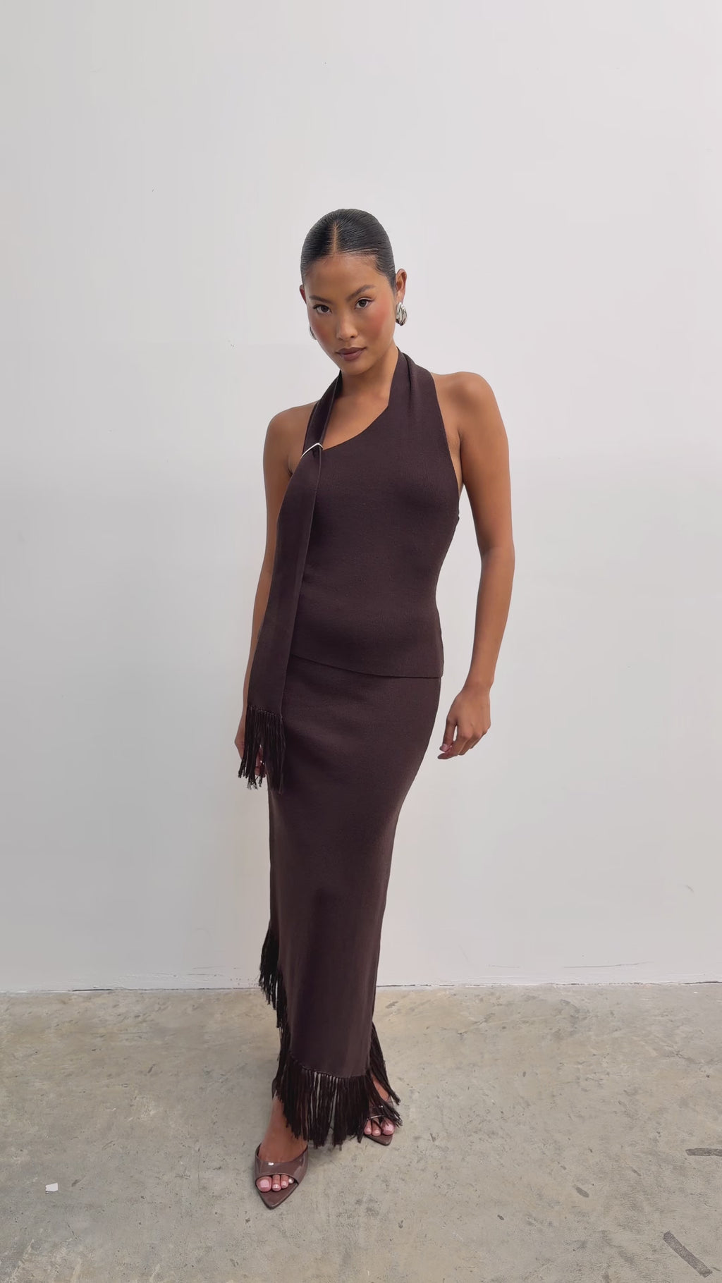 Elle Is 5'3" & Wears Size UK XS|Polly Halterneck Wrap Scarf Knit Top - Chocolate