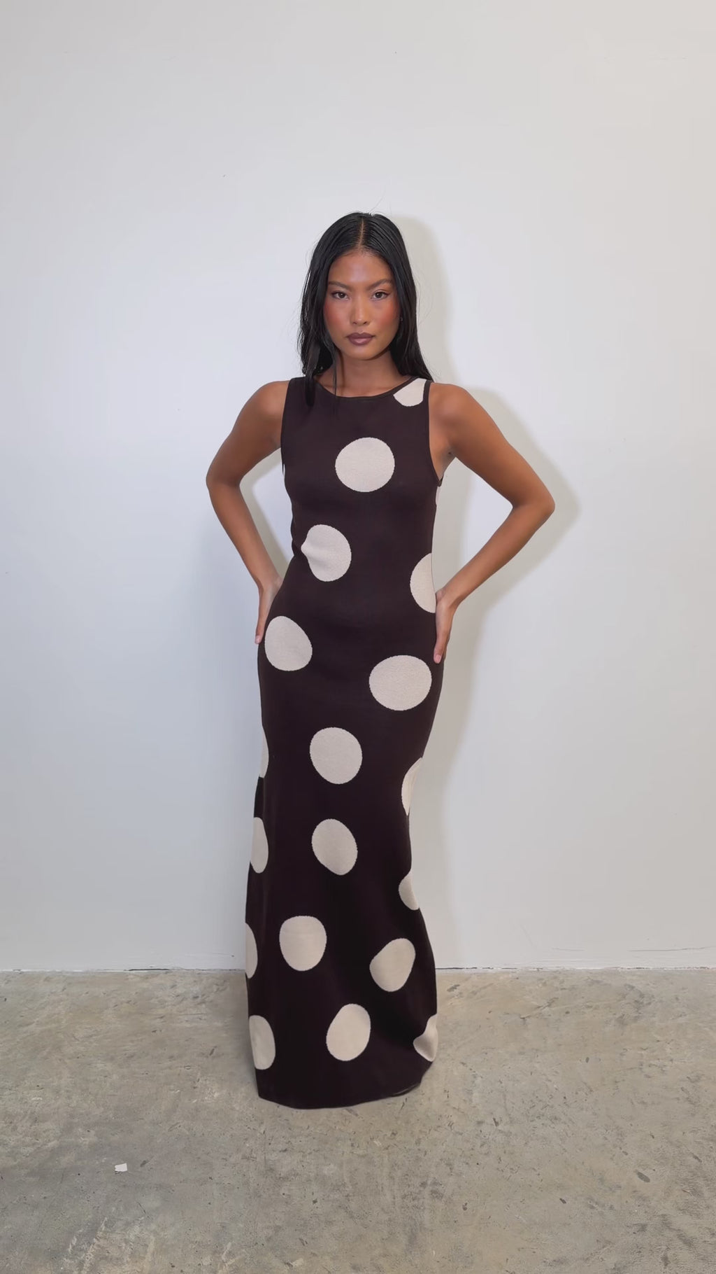 Elle Is 5'3" & Wears Size UK XS|Sarover Polka Dot Maxi Knit Dress - Chocolate and Cream