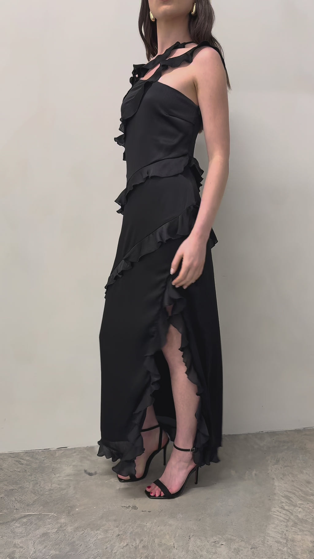 Lauren Is 5'7.5" & Wears Size UK 8|Sabina One Shoulder Ruffle Maxi Dress - Black