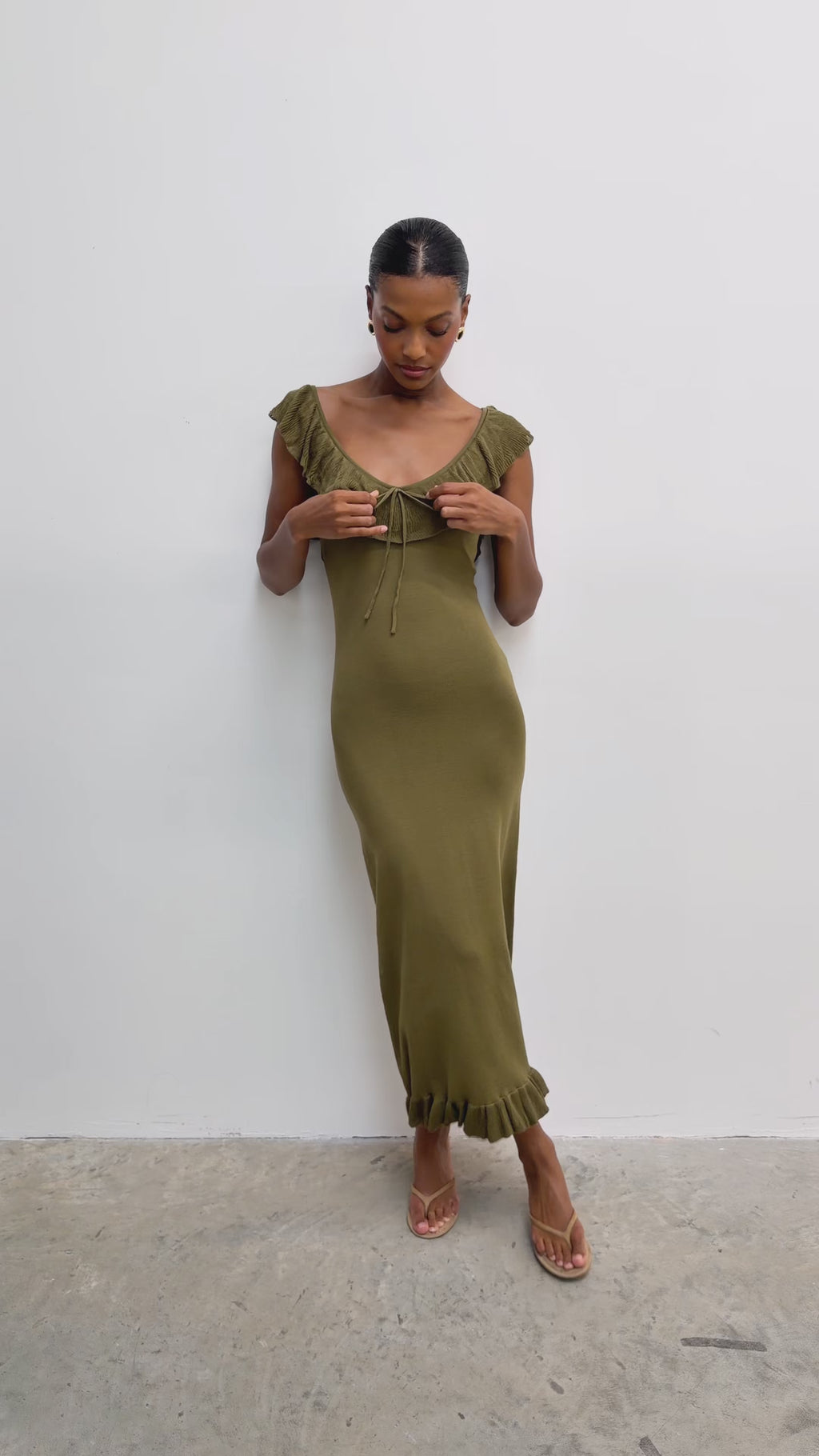 Montanna is 5'7" & Wears Size UK XS|Sascha Frill Detail Knit Midaxi Dress - Tarragon Green