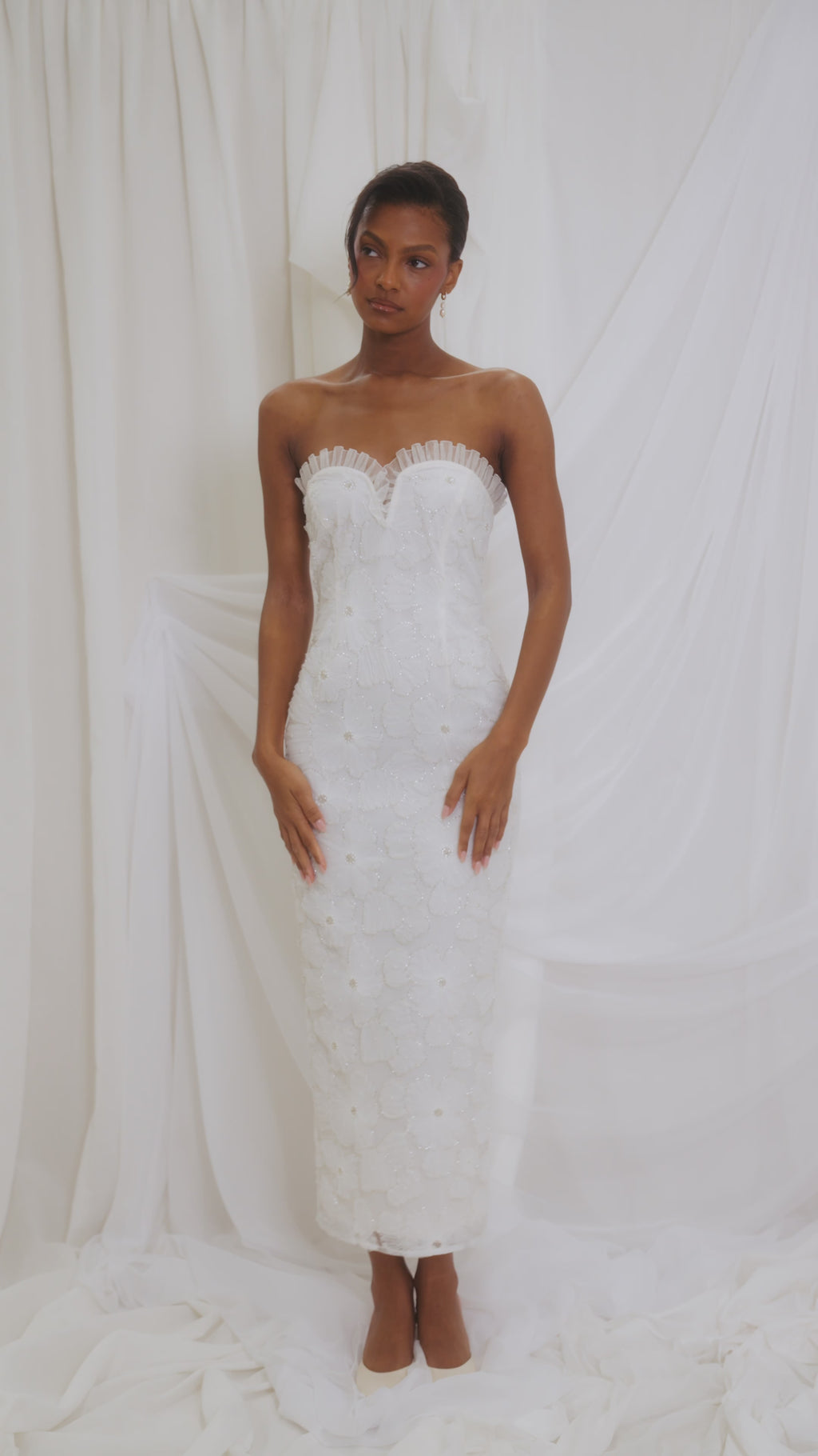 Harriet is 5'8" & Wears Size UK 8|Ravenna Embellished Floral Midaxi Dress - Ivory