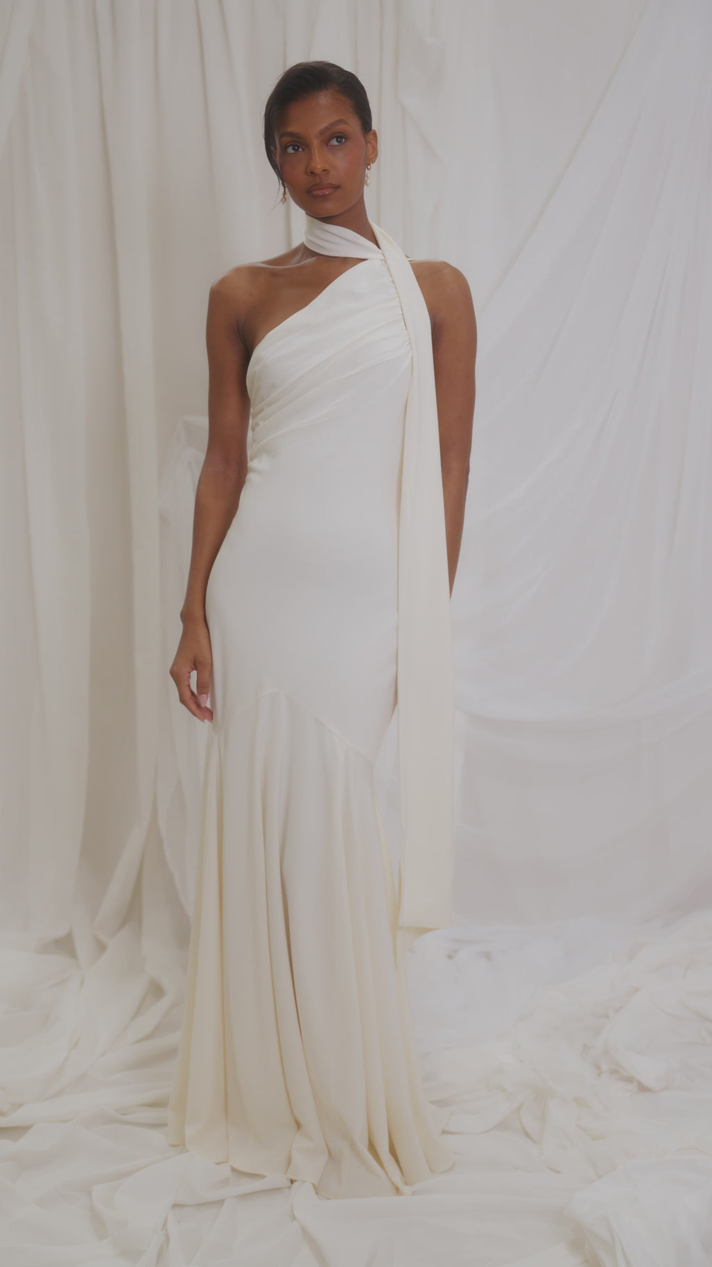Harriet is 5'8" & Wears Size UK 8|Porto One Shoulder Godet Maxi Dress - Ivory