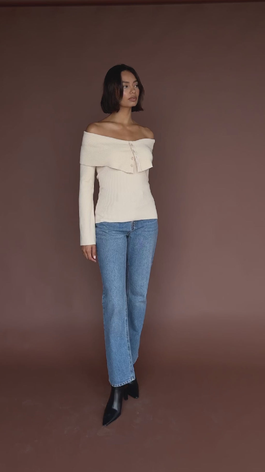 Nayha Is 5'9.5" & Wears Size UK S|Elora Bardot Button Front Knit Top - Oatmeal