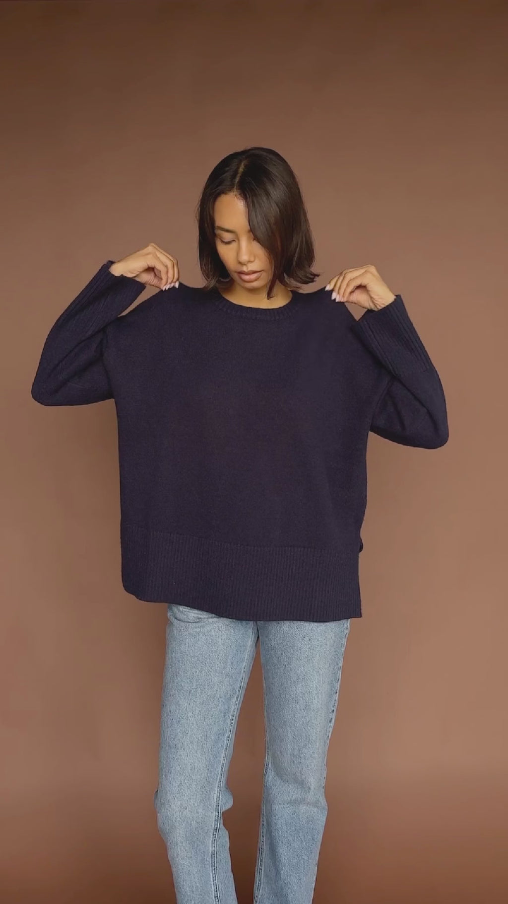 Nayha Is 5'9.5" & Wears Size UK S|Finnity Slouchy Crew Neck Knit Jumper - Navy