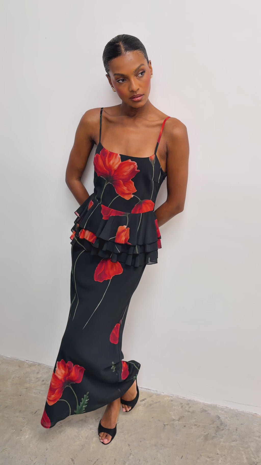 Montanna is 5'7" & Wears Size UK 6|Rosie Peplum Ruffle Maxi Dress - Largescale Poppy Petal Red