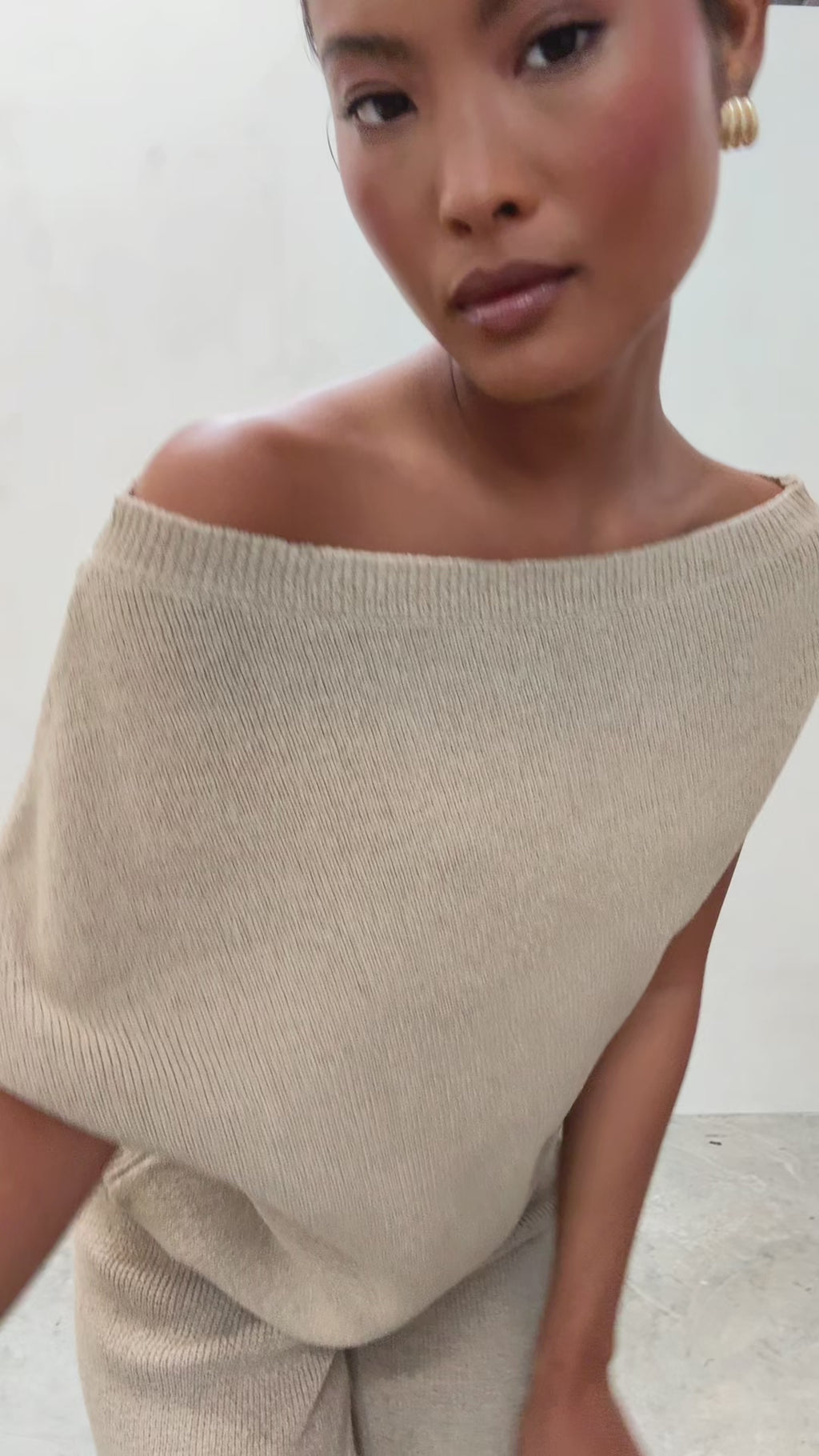 Elle Is 5'3" & Wears Size UK XS|Lily Cold Shoulder Knit Top - Beige