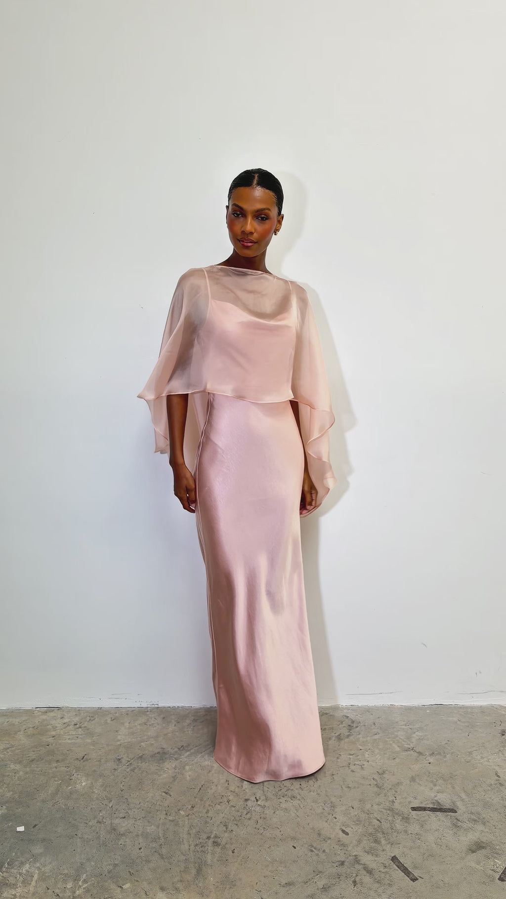 Montanna is 5'7" & Wears Size UK XS-S|Alaia Organza Cape - Blush