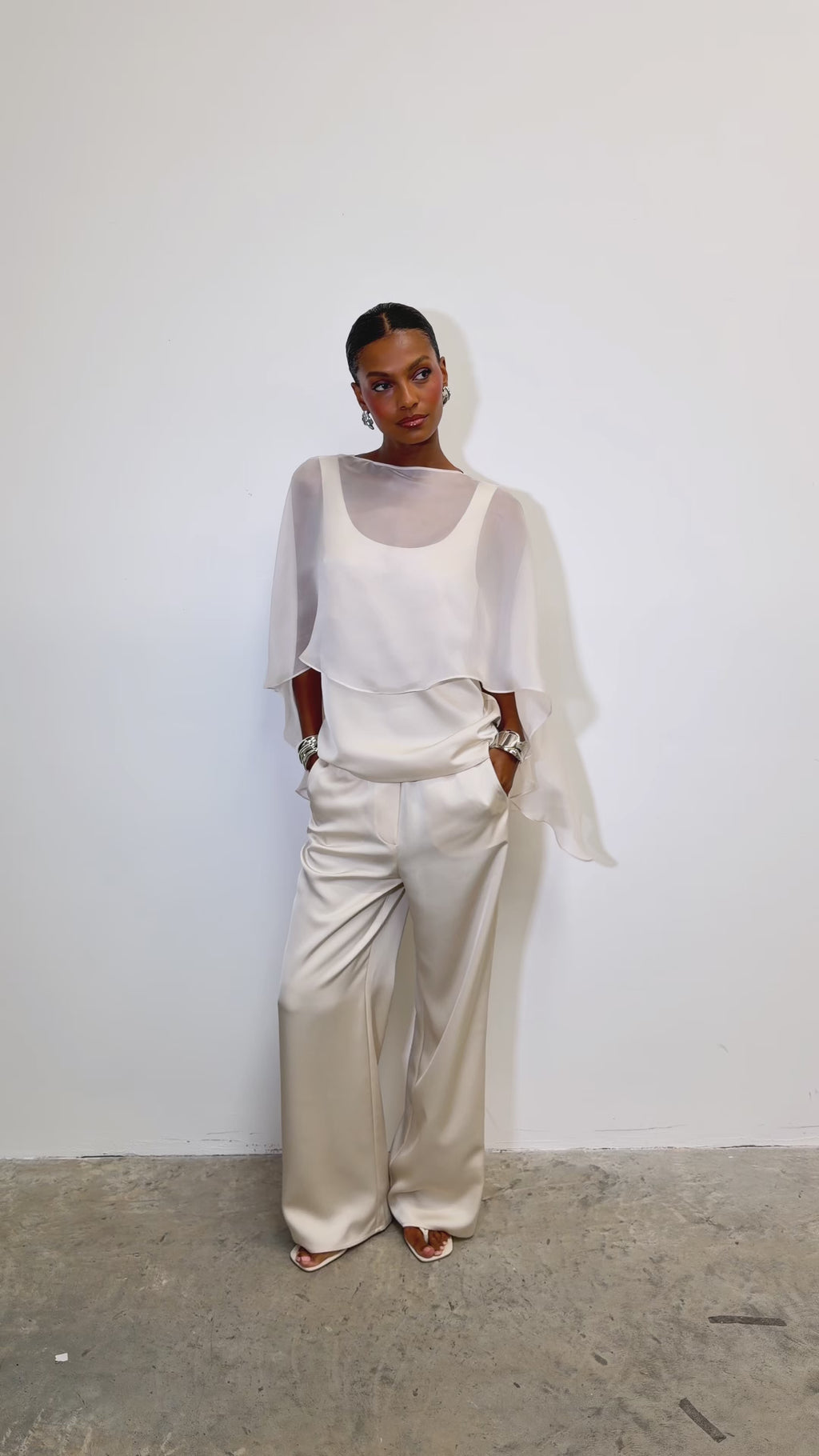 Montanna is 5'7" & Wears Size UK XS-S|Alaia Organza Cape - Champagne