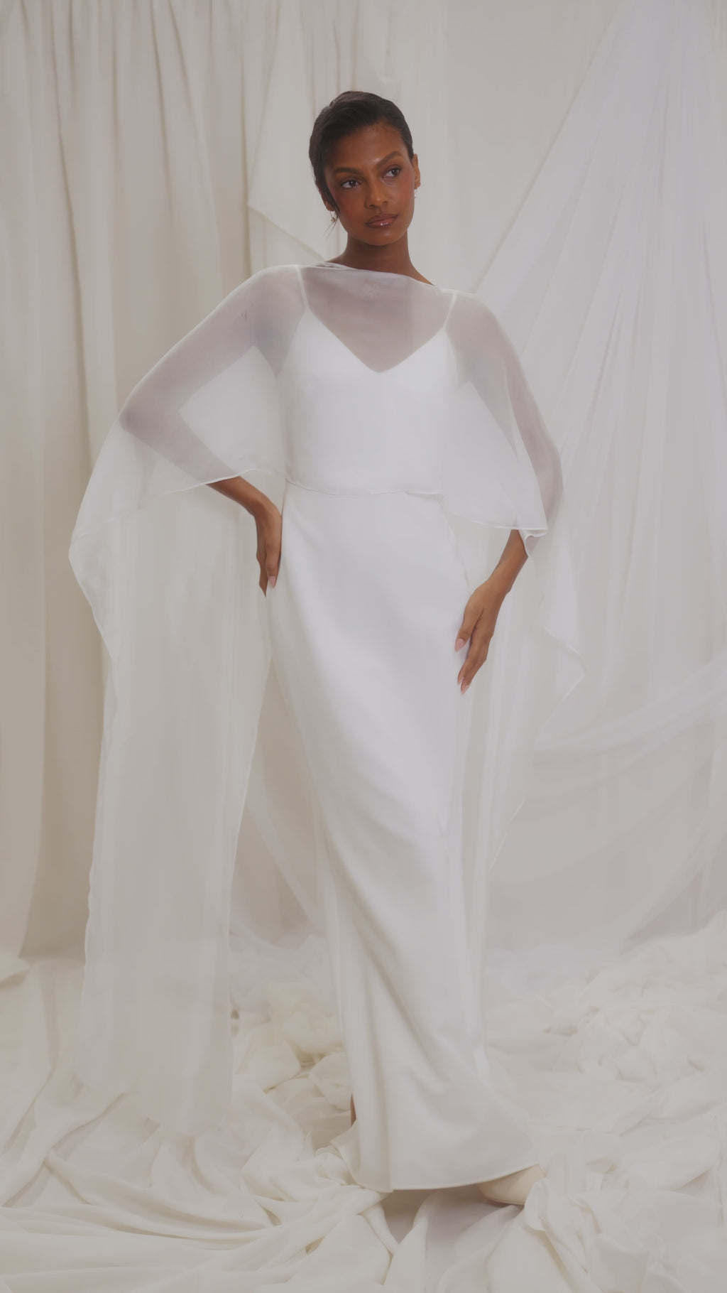 Harriet is 5'8" & Wears Size UK XS-S|Almada Draped Organza Cape - Ivory