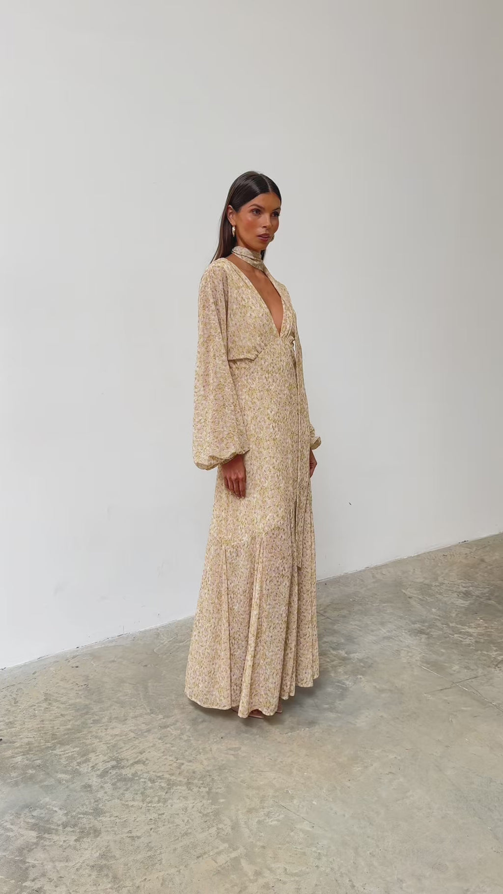 Taina Is 5'8.5" & Wears Size UK 8|Petula Batwing Scarf Maxi Dress - Chartreuse and Lilac Abstract